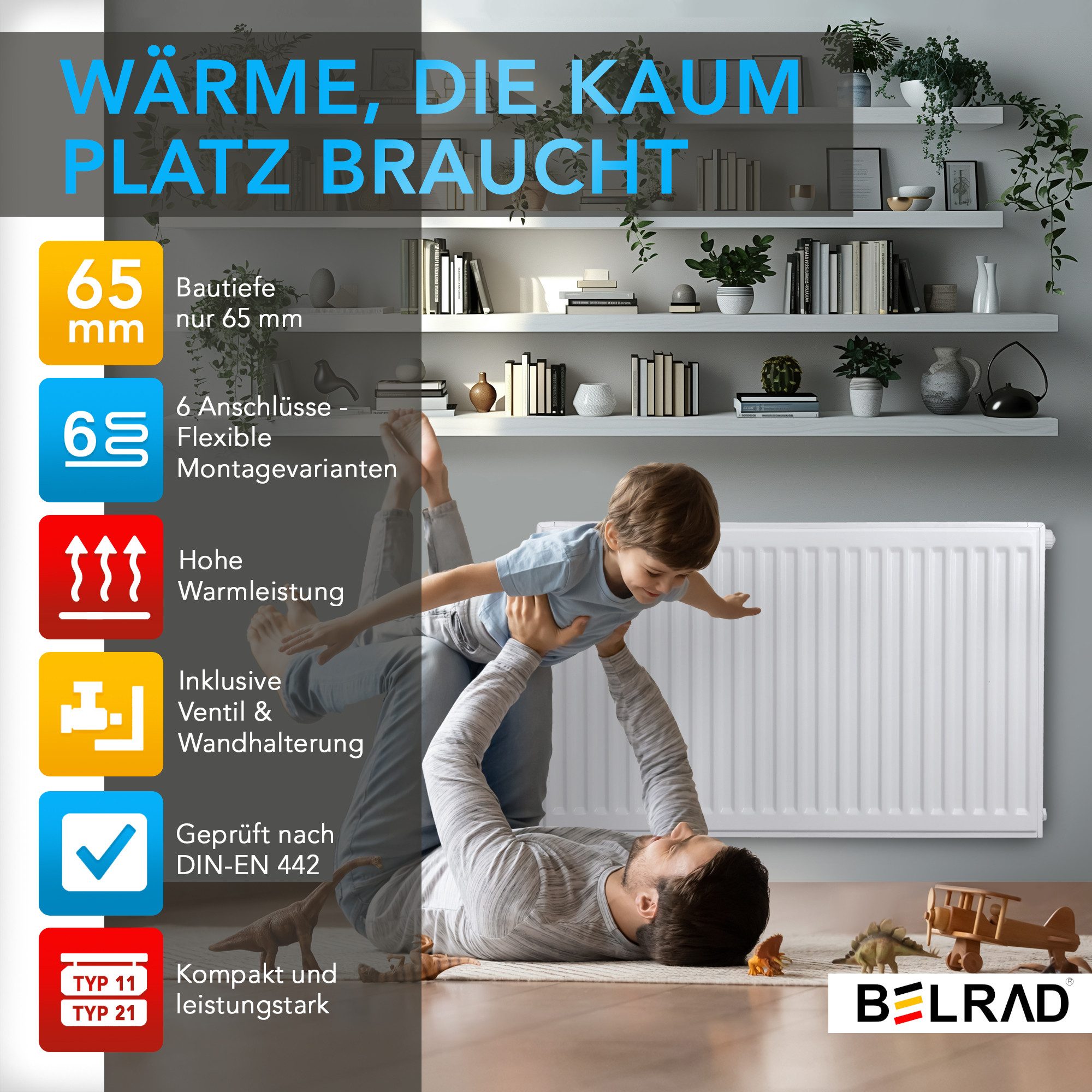 Belrad Heizkörper Universal Typ 21 mit 6 Anschlüssen – Kompakt- oder Ventilheizkörper, 500x800–600x1000 mm, 866–1559 Watt, flach, 65 mm Bautiefe, weiß