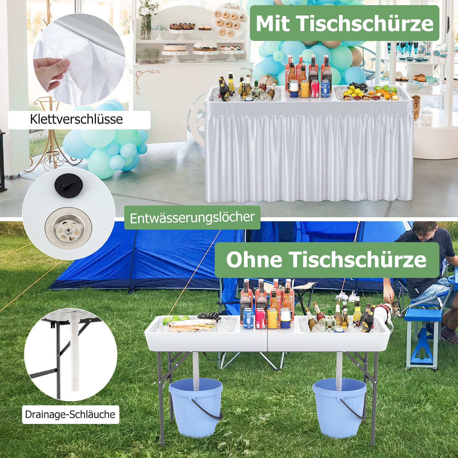 COSTWAY Campingtisch, 151cm Kühltisch klappbar mit Doppelbecken, bis 100kg
