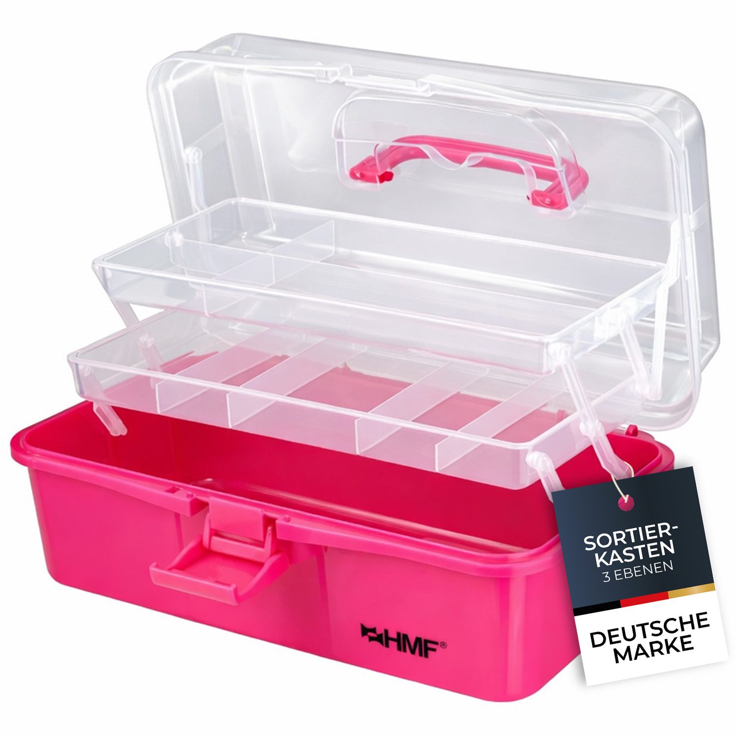 HMF Aufbewahrungsbox Nähkasten aufklappbar mit 3 Ebenen, Sortierbox mit 8 Fächern für, Kleinteile, 33 x 20 x 15 cm, Pink