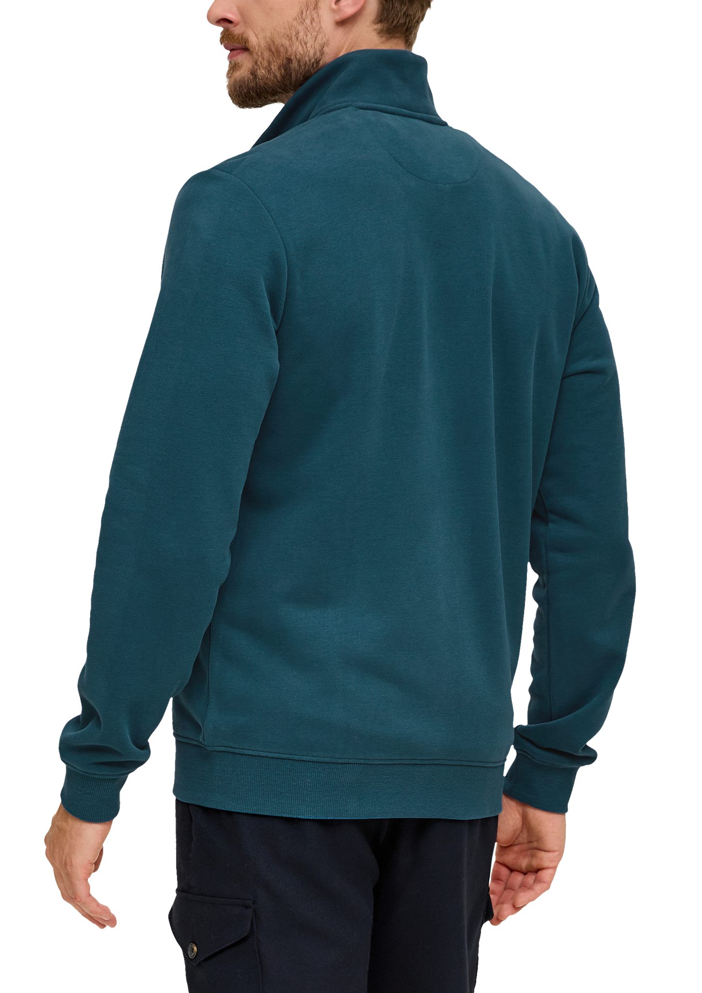 s.Oliver Allwetterjacke Sweatshirt-Jacke mit Stehkragen Streifen-Detail türkis dunkles Logo