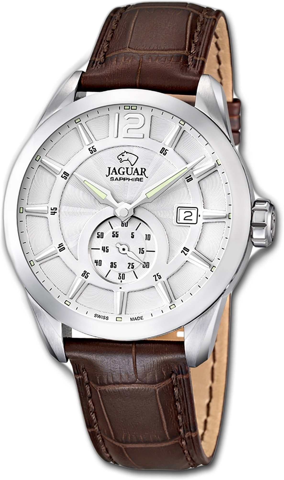 JAGUAR Quarzuhr Jaguar Herrenuhr Herren rundes groß Lederarmband, Gehäuse, (ca. Elegant-S J663/1 Leder 43mm), Uhr Elegant, mit