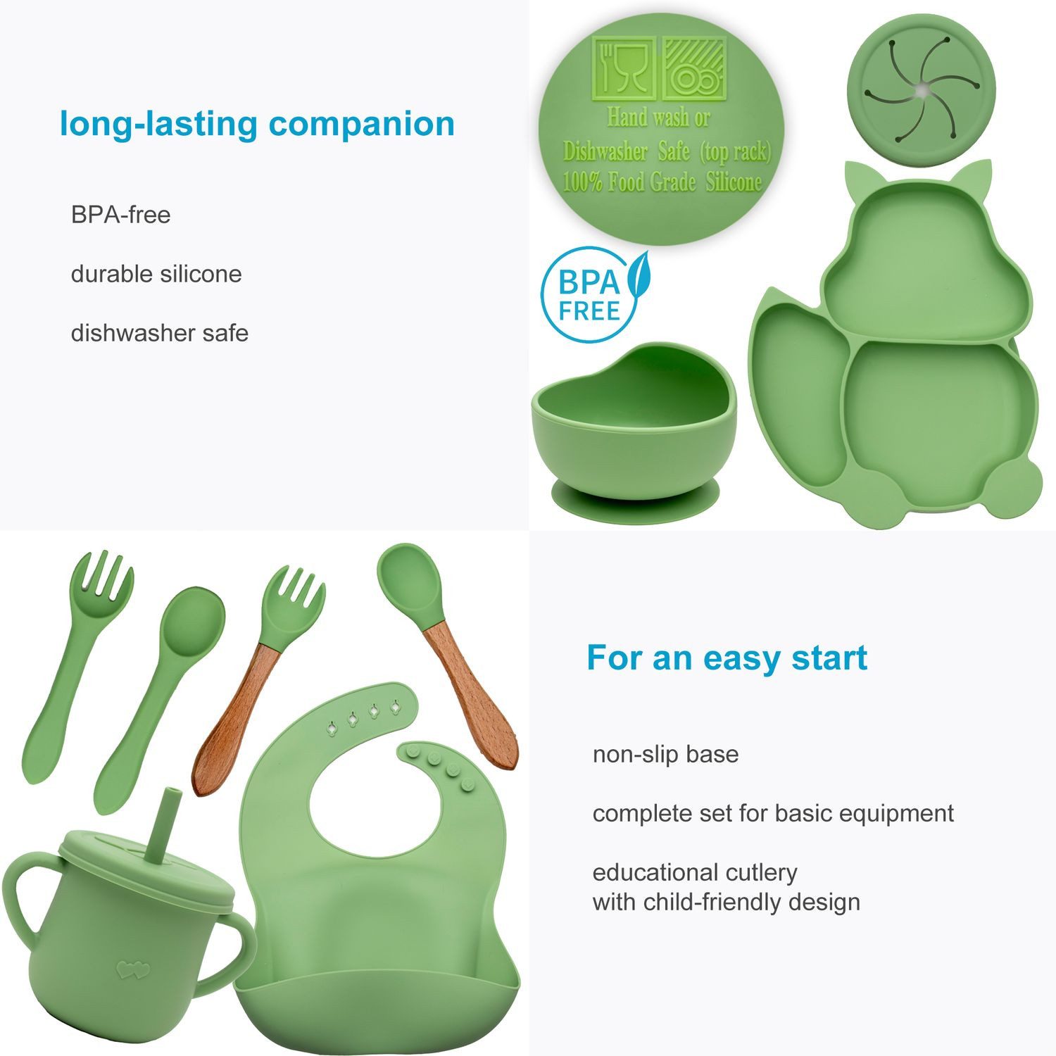 Intirilife Kindergeschirr-Set (8-tlg), 1 Personen, Silikon, Baby Geschirr Set Fütterungsset Silikon Strohhalm Lätzchen (8-tlg)