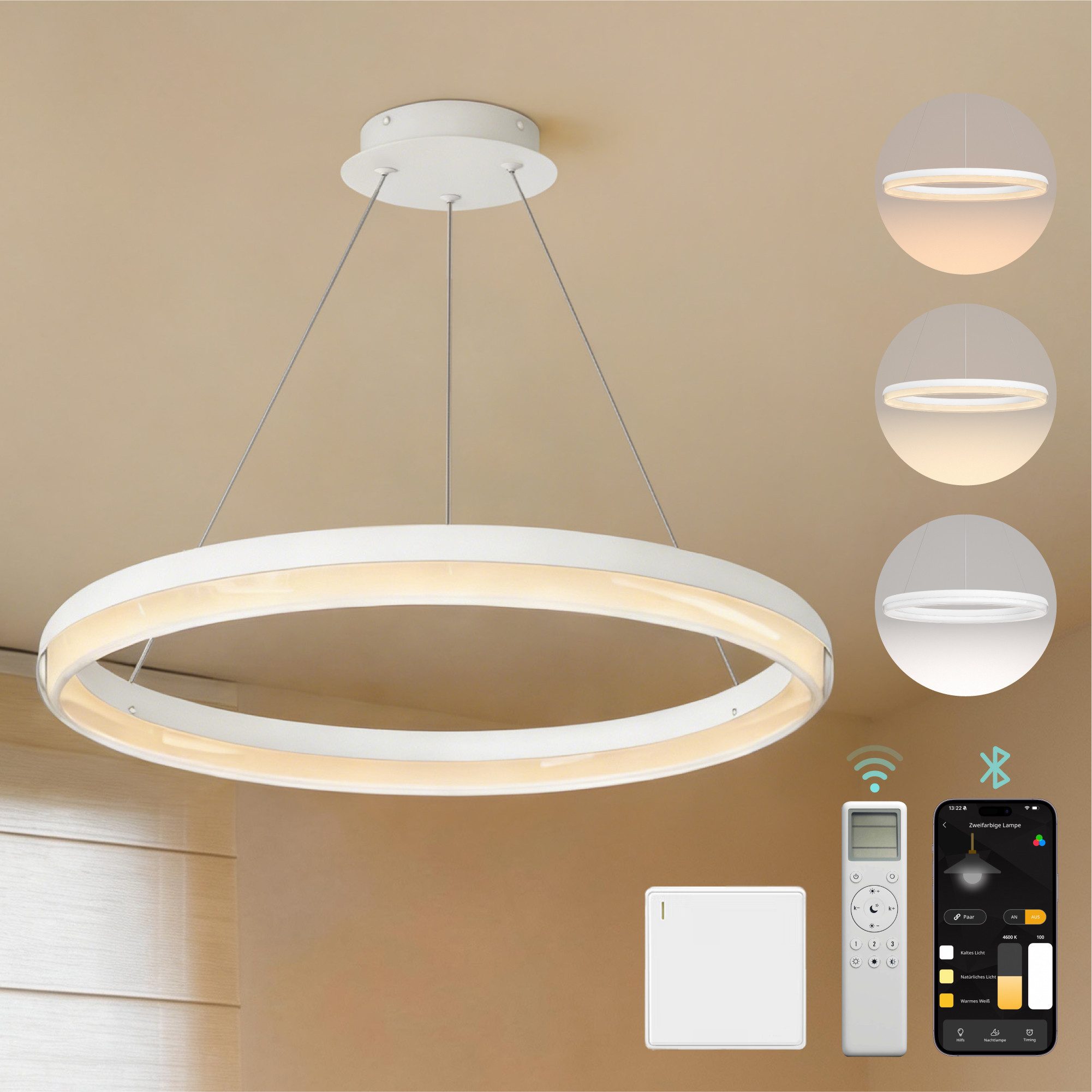 Mai & Mai Pendelleuchte Pendellampe LED-Hängelampe stufenlos dimmbar 3000K–6000K 20W Luvina05, LED-Pendelleuchte, Farbtemperatur von 3000K–6000K