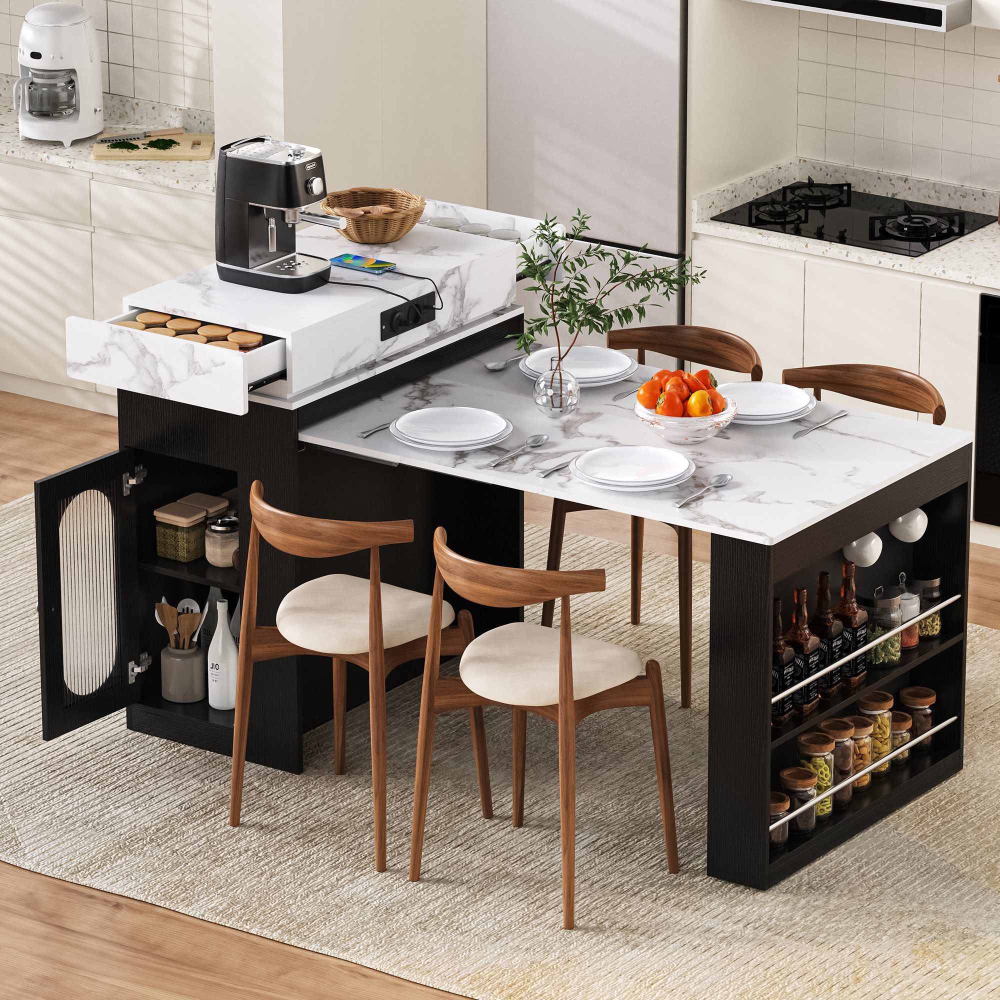 Odikalo Kücheninsel mit faltbarer Tischplatte Steckdosenleisten und Haken, (dient als Kücheninsel, Sideboard oder Bartisch für Küche und Esszimmer)