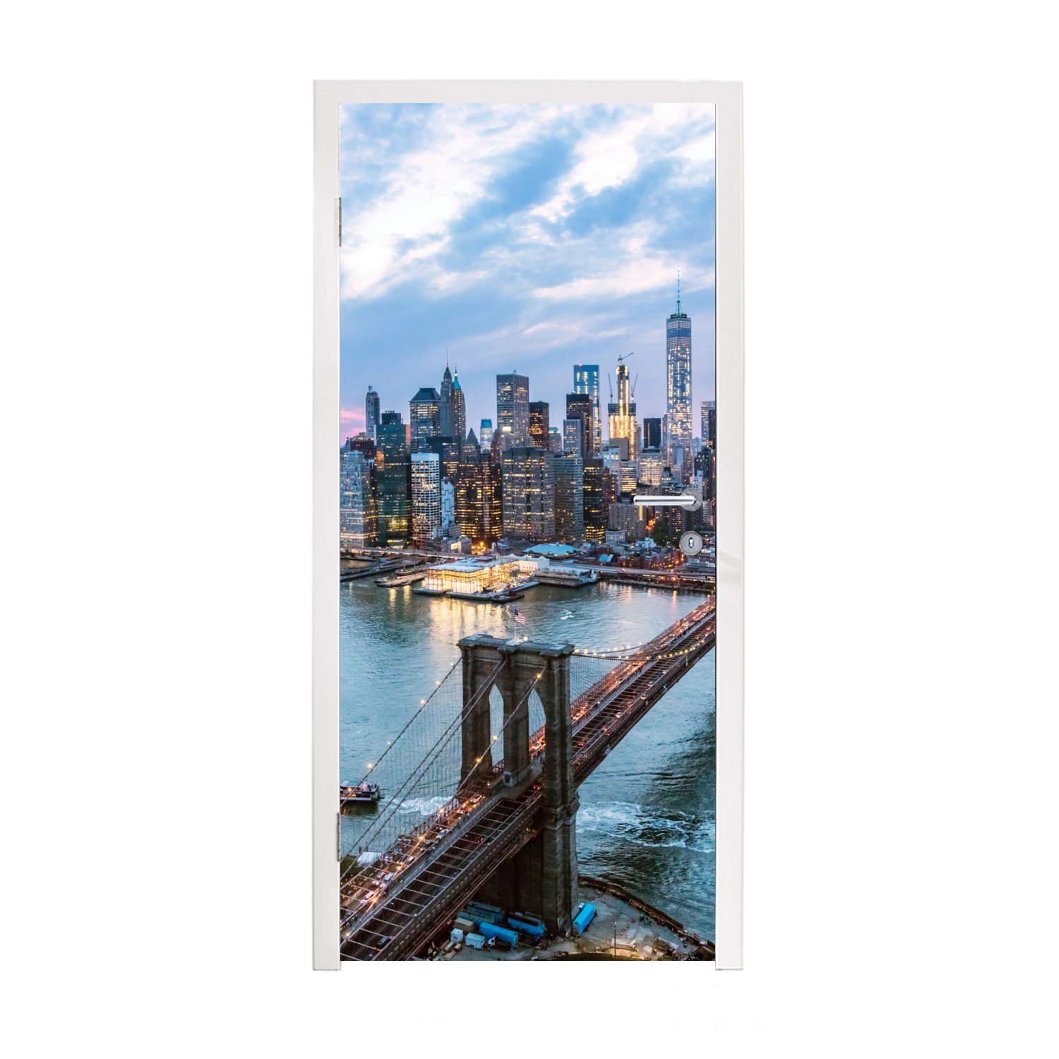 MuchoWow Türtapete New York - Brooklyn Bridge - Boot, Matt, bedruckt, (1 St), Fototapete für Tür, Türaufkleber, 75x205 cm