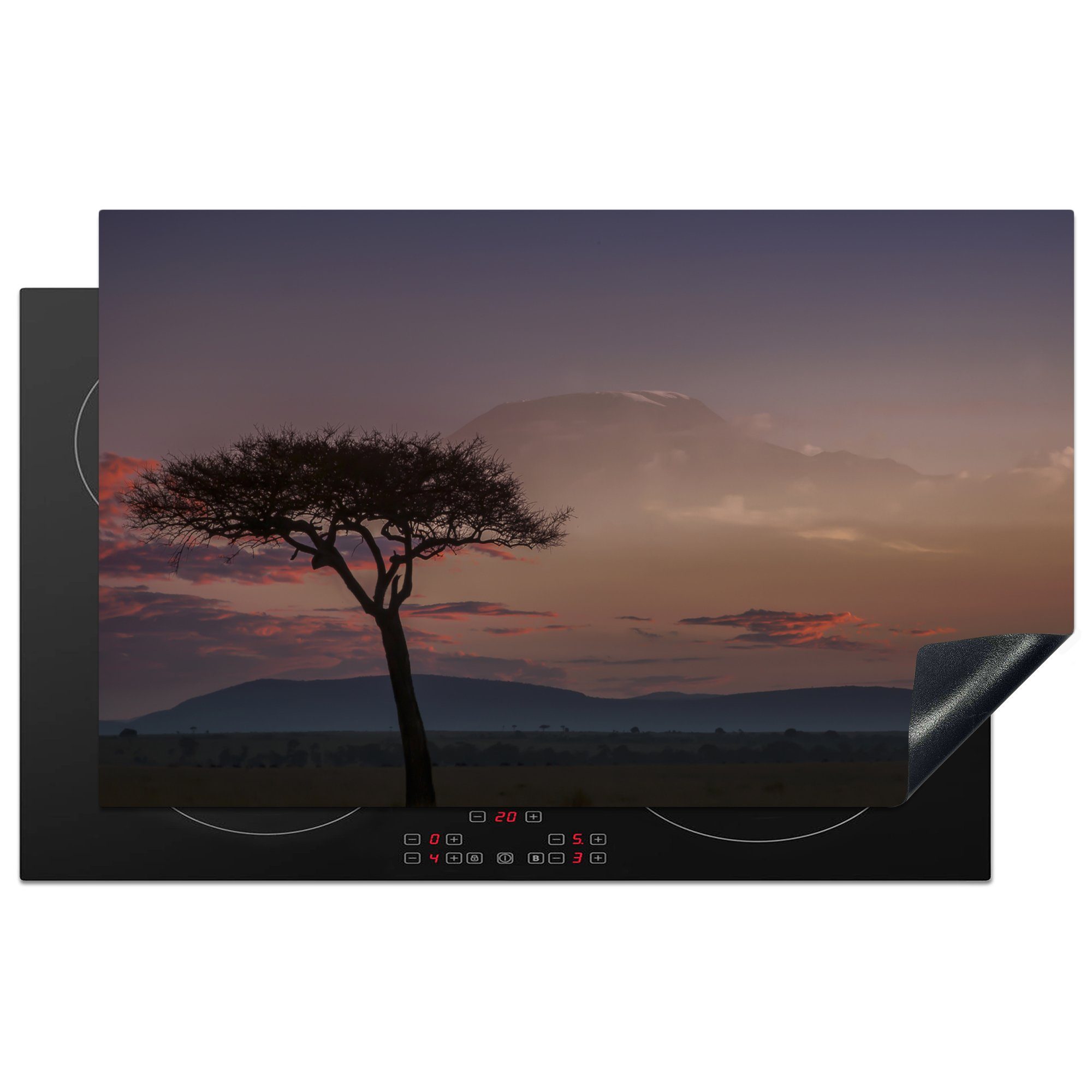 MuchoWow Herdblende-/Abdeckplatte Sonnenaufgang hinter einem Akazienbaum, Vinyl, (1 tlg), 83x51 cm, Ceranfeldabdeckung, Arbeitsplatte für küche