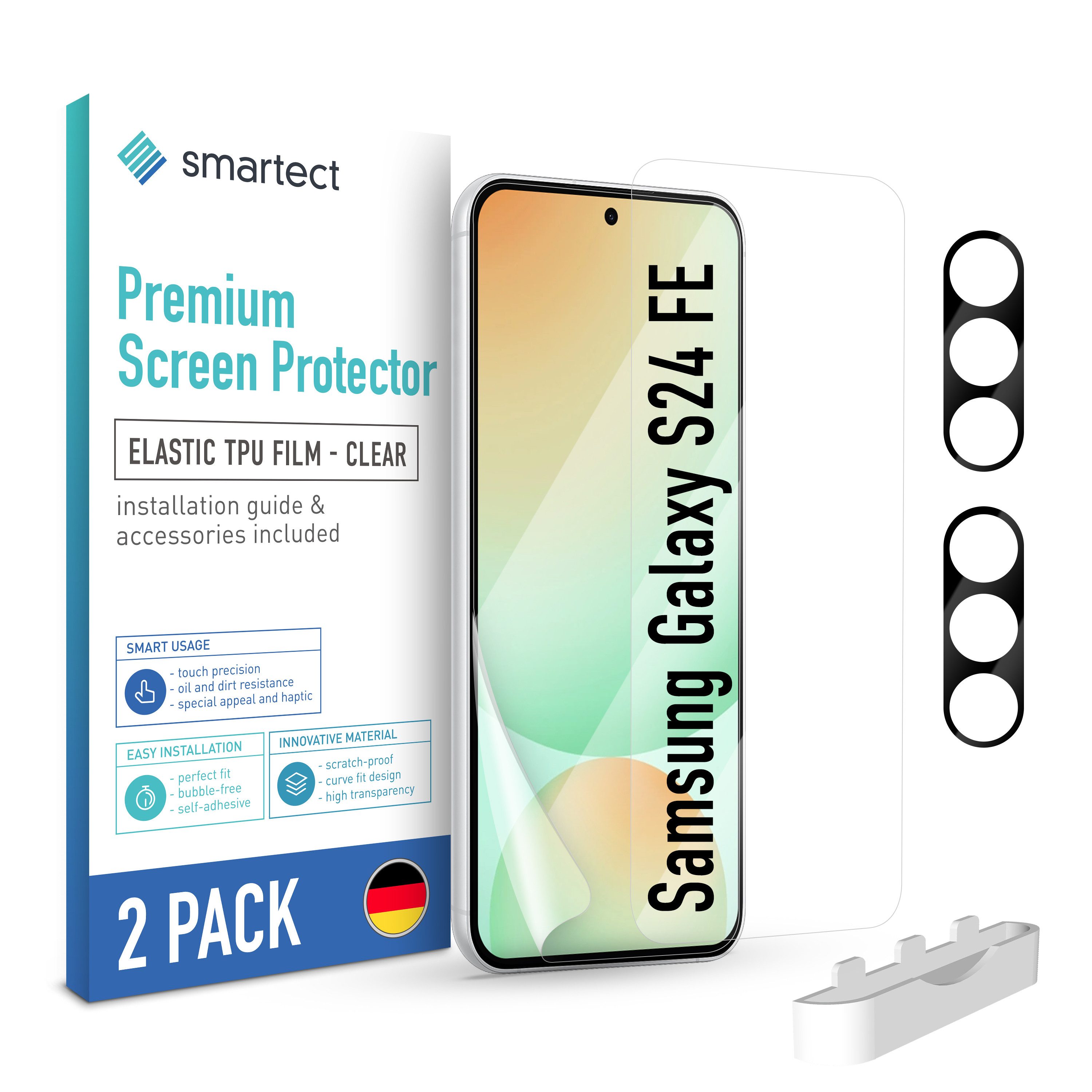 smartect Displayschutzfolie TPU Schutzfolie 2 + 2 Stück für Samsung Galaxy S24 FE (Display+Kamera) für Samsung Galaxy S24 FE, Set, 2 Stück, Ultra-klar, Kratzfest, Blasenfrei, Oleophob, Fingerabdruck kompatibel