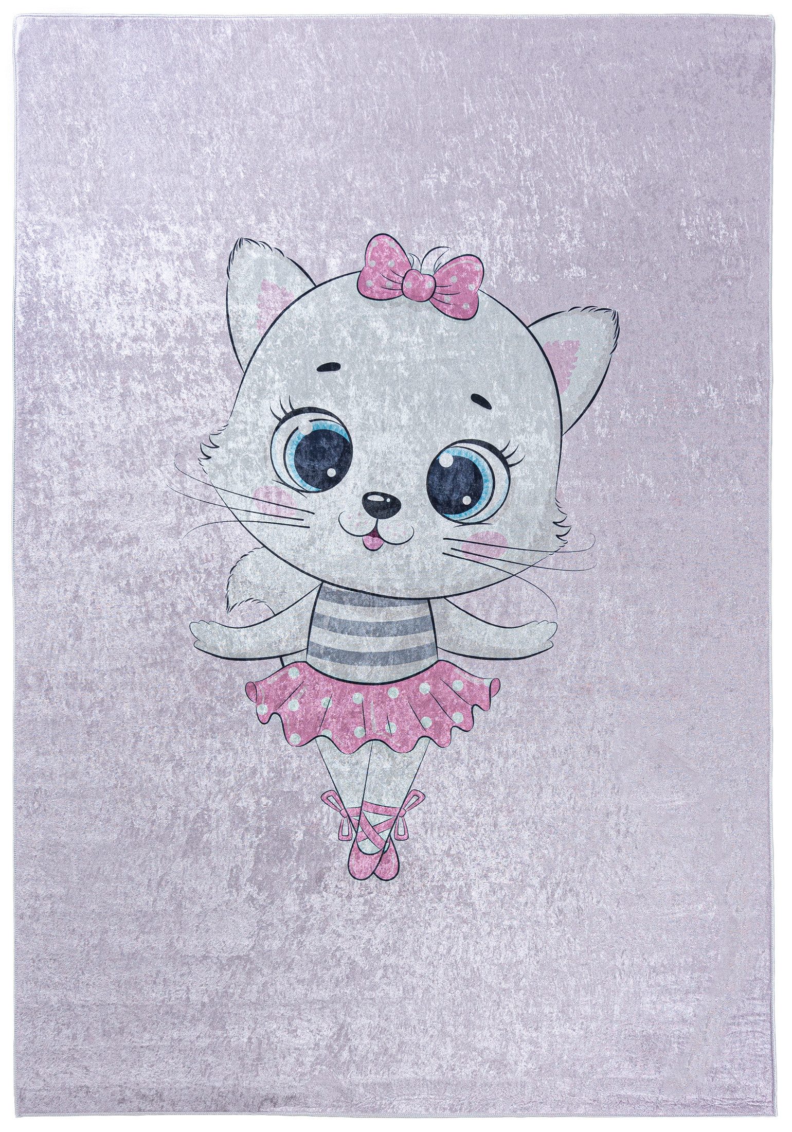 Mazovia Kinderteppich Kinderteppich Kinderzimmerteppich Katze, 80 x 150 cm, Kurflor, Waschbar in Waschmaschine, Höhe 5 mm, Rutschfest