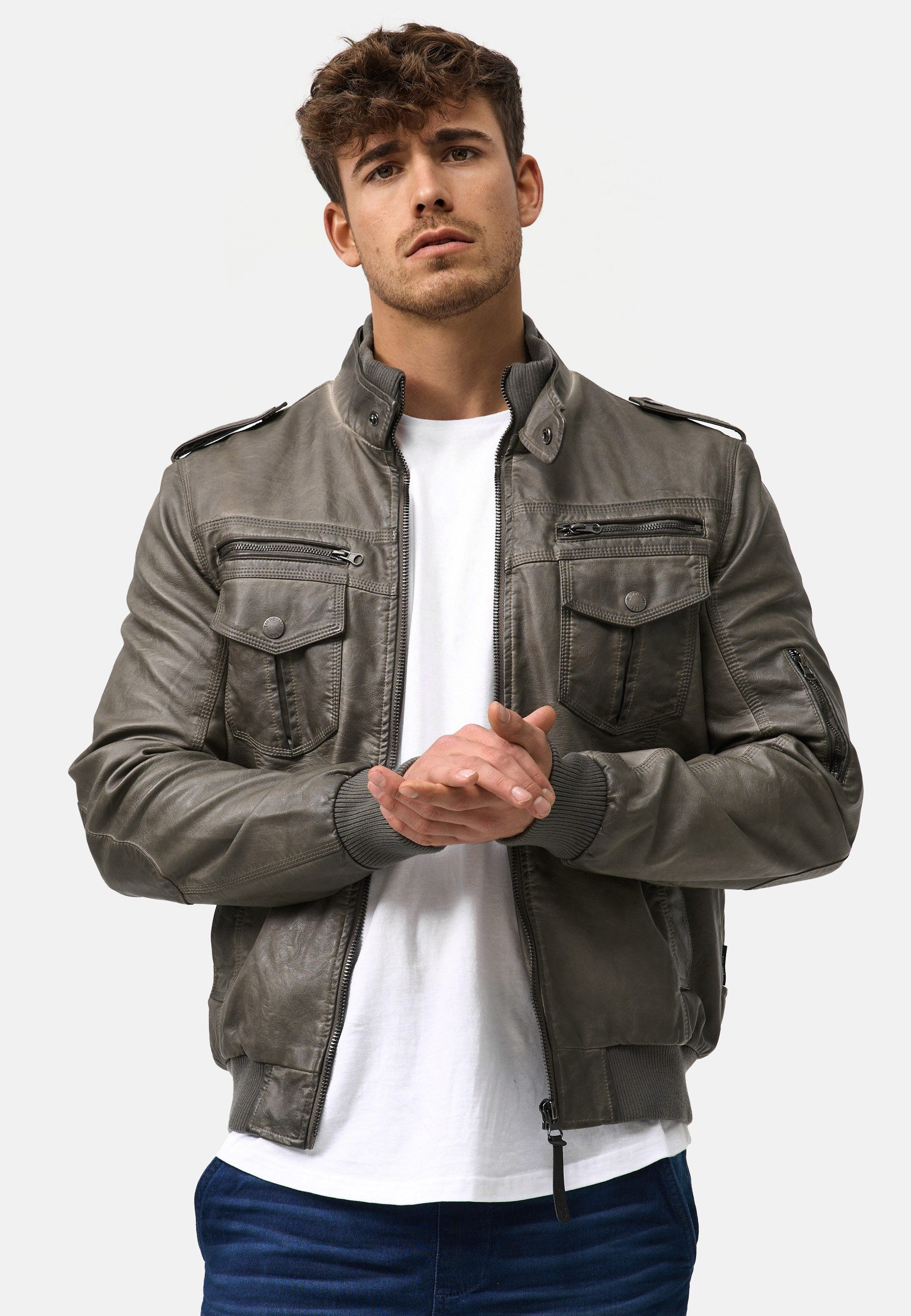 Indicode Lederimitatjacke Herren Pawel Übergangsjacke Herrenjacke Kunstlederjacke mit Stehkragen