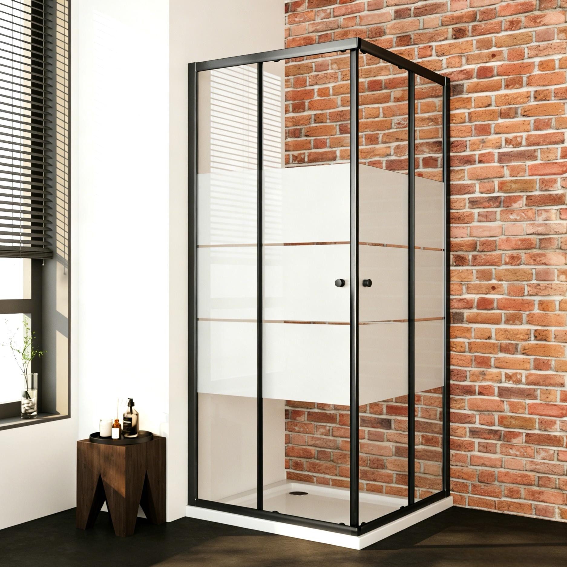 Boromal Eckdusche Duschkabine Duschabtrennung Schiebetür Schwarz Milchglas H:185cm, BxT: 80x80 cm, 5mm Sicherheitsglas, Eckeinstieg Duschwand für Dusche, Alu-Rahmen, Schnellfreigabefunktion,Spritzwasserschutz