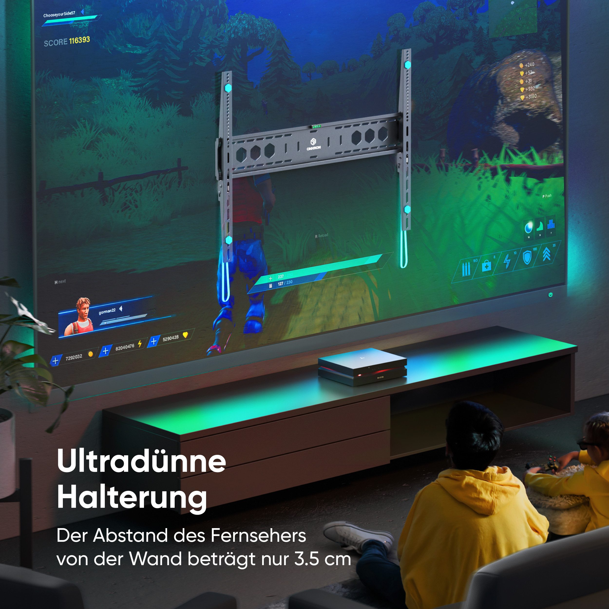 ONKRON TV-Wandhalterung 60-110 Zoll, bis 120 kg, VESA 200x200-900x600, UF12-B, (bis 110,00 Zoll, fest, flach, ultra slim, starr, Click’n’Pull-System)