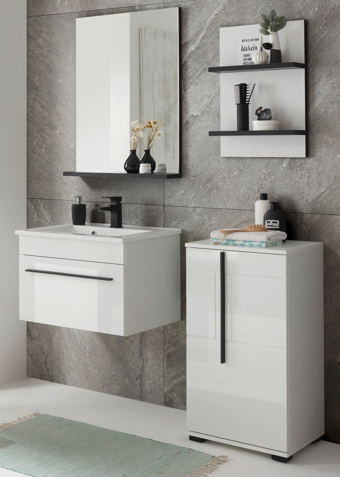 Furn.Design Badmöbel-Set Design-D, (in weiß Hochglanz mit schwarz, Breite ca. 115 cm), komplett inklusive Waschbecken
