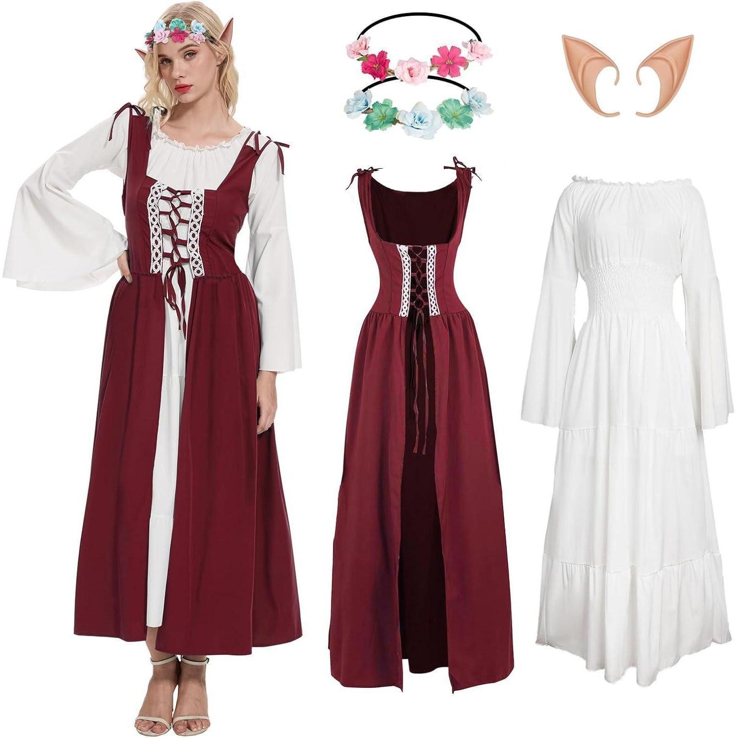 Wikinger-Kostüm Kleid Mittelalter Renaissance Damen Kostüm Elfenohren XXL Rot