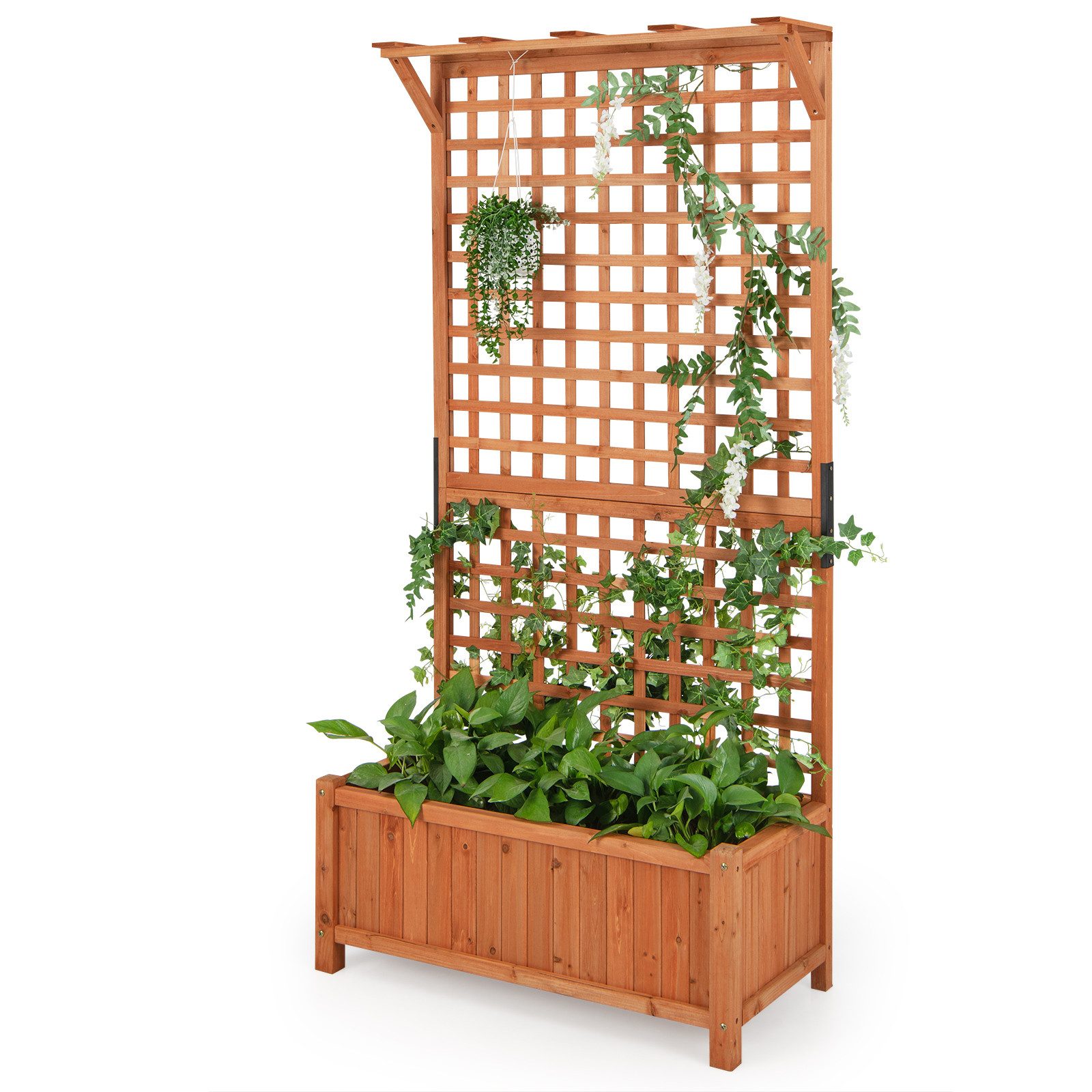 KOMFOTTEU Blumenkasten, Pflanzkasten mit Rankgitter, Ablauflöchern & Spalier