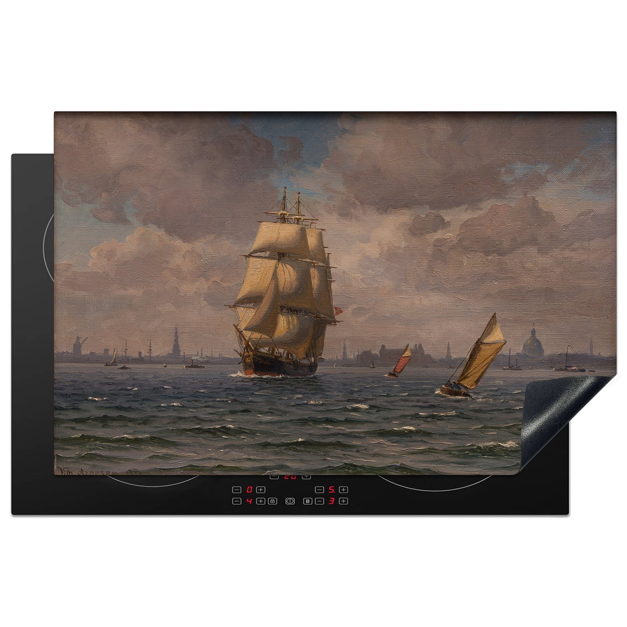 MuchoWow Herdblende-/Abdeckplatte tlg), Kopenhagen für Vinyl, Induktionskochfeld die Arnesen, vor Schiff von Schutz 81x52 Gemälde Vilhelm (1 cm, küche, Ceranfeldabdeckung 