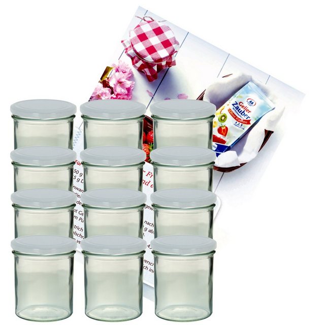 MamboCat Einmachglas 12er Set Sturzglas 350 ml Marmeladenglas Einmachglas Einweckglas To 82 weißer Deckel incl. Diamant-Zucker Gelierzauber Rezeptheft