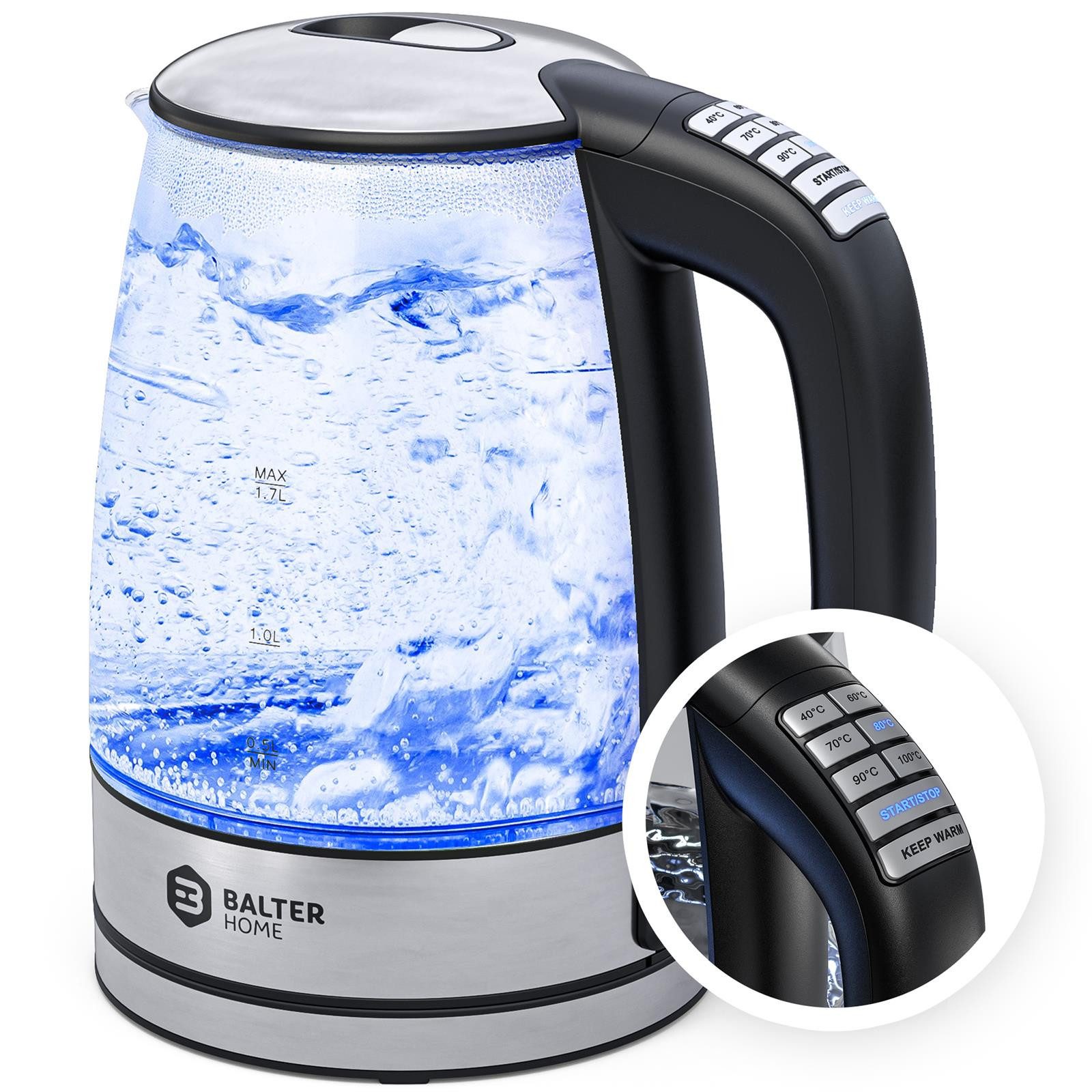Balter Wasserkocher WK-10, 1.7 l, 2200 W, mit Temperatureinstellung, Glas, Edelstahl, LED
