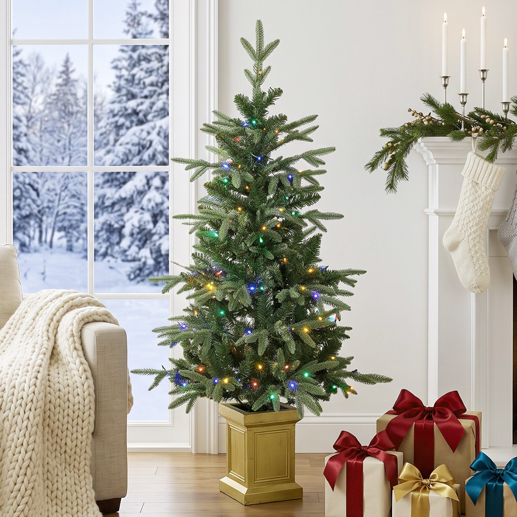HOMCOM Künstlicher Weihnachtsbaum Künstlicher Weihnachtsbaum 120 cm mit Metallständer für Indoor, Fichte, Dekotopf; 2 Lichtfarben; Fernbedienung; 11 Modi