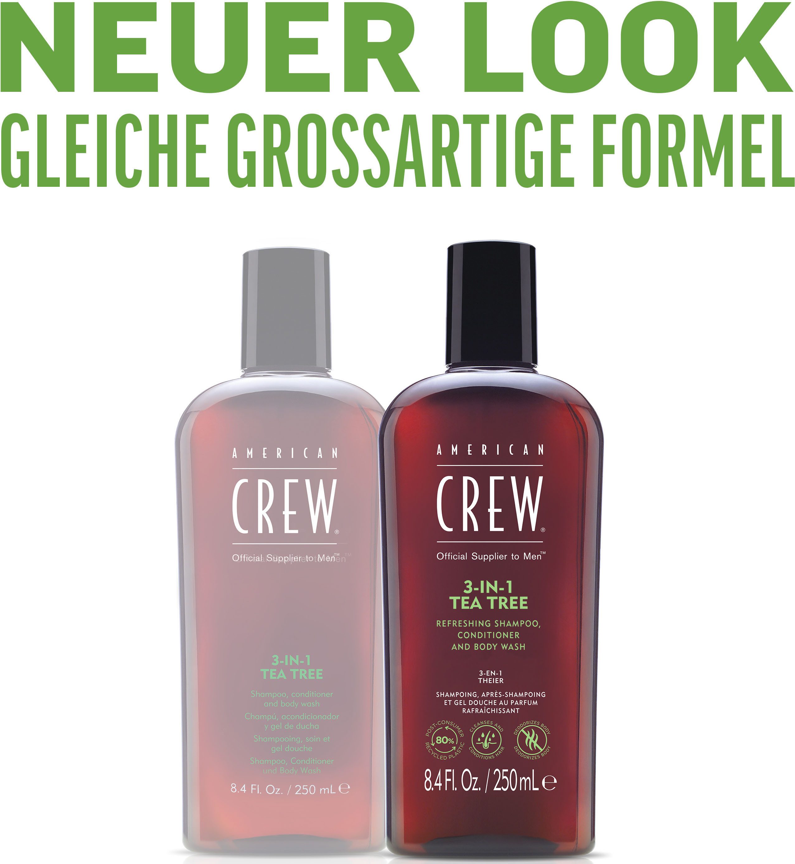 American Crew Haarshampoo 3-IN-1 TEA TREE: SHAMPOO, CONDITIONER UND BODY WASH, 1-tlg., für alle Haartypen geeignet, feuchtigkeitsspendend, pflegend