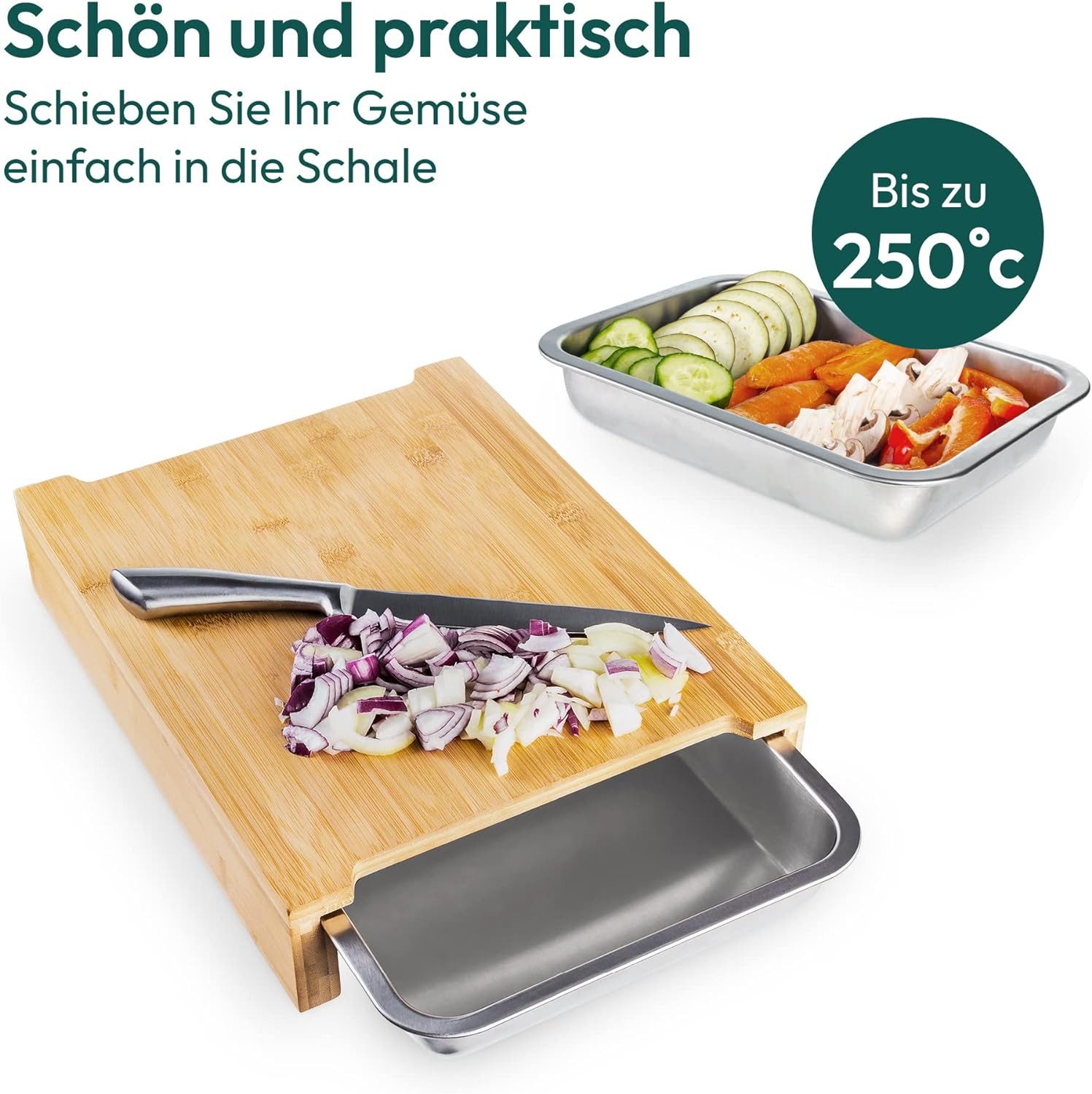 Faizee Möbel Schneidebrett Schneidebrett Bambus Schneidebrett mit 2 Auffangschalen aus Edelstahl, Bambus/Edelstahl