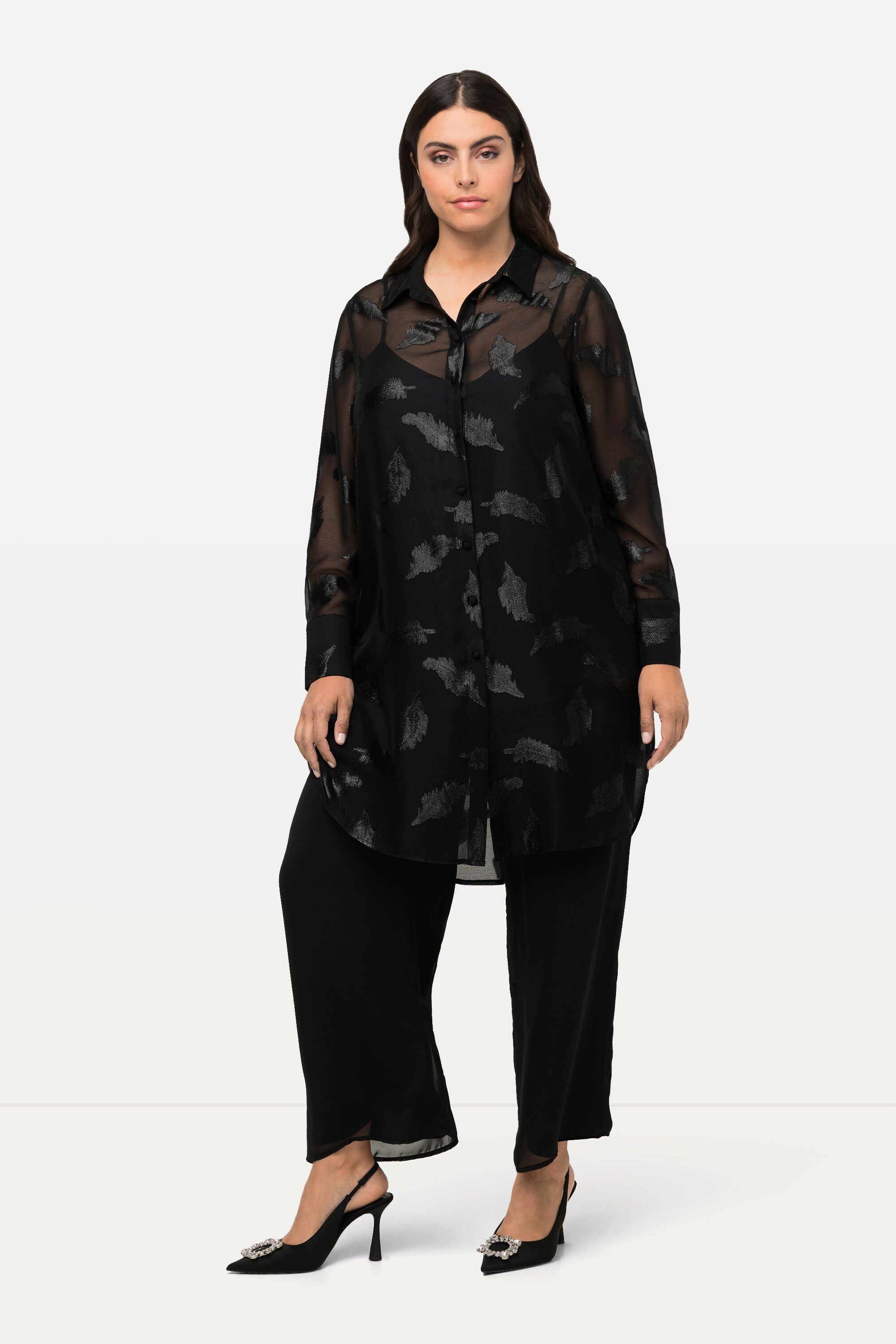 Ulla Popken Hemdbluse Longbluse Chiffon Metallic-Federn Hemdkragen günstig online kaufen