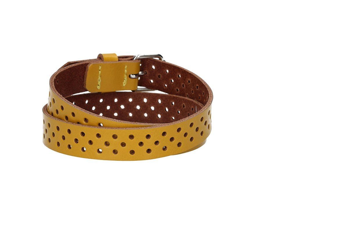 kiddybelts Ledergürtel Mini 20mm in Gelb mit durchgehender Lochung und dunkler Rollschließe (KB18-290, 1-St) sehr weiches Vollrindleder