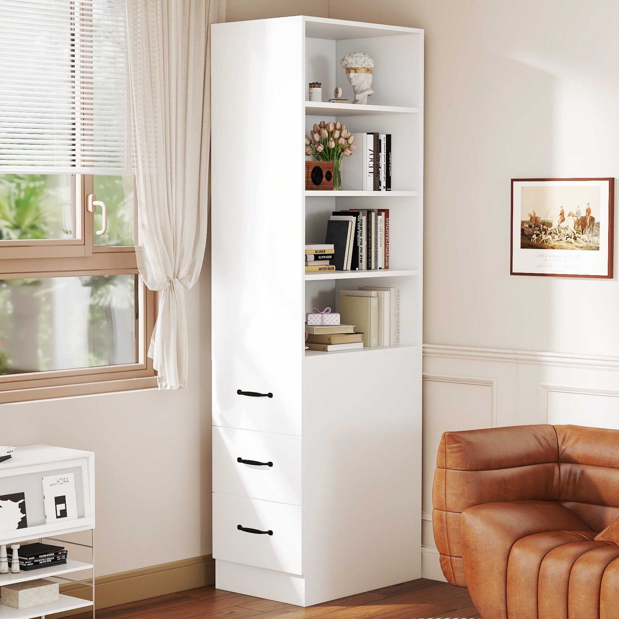 Flieks Bücherregal mit seitlichen Schubladen, links und rechts austauschbar, B60/T38/H180 cm 1-tlg., Hochschrank mit verstellbaren Einlegeböden Wohnzimmerschran – Bild 2 von 5