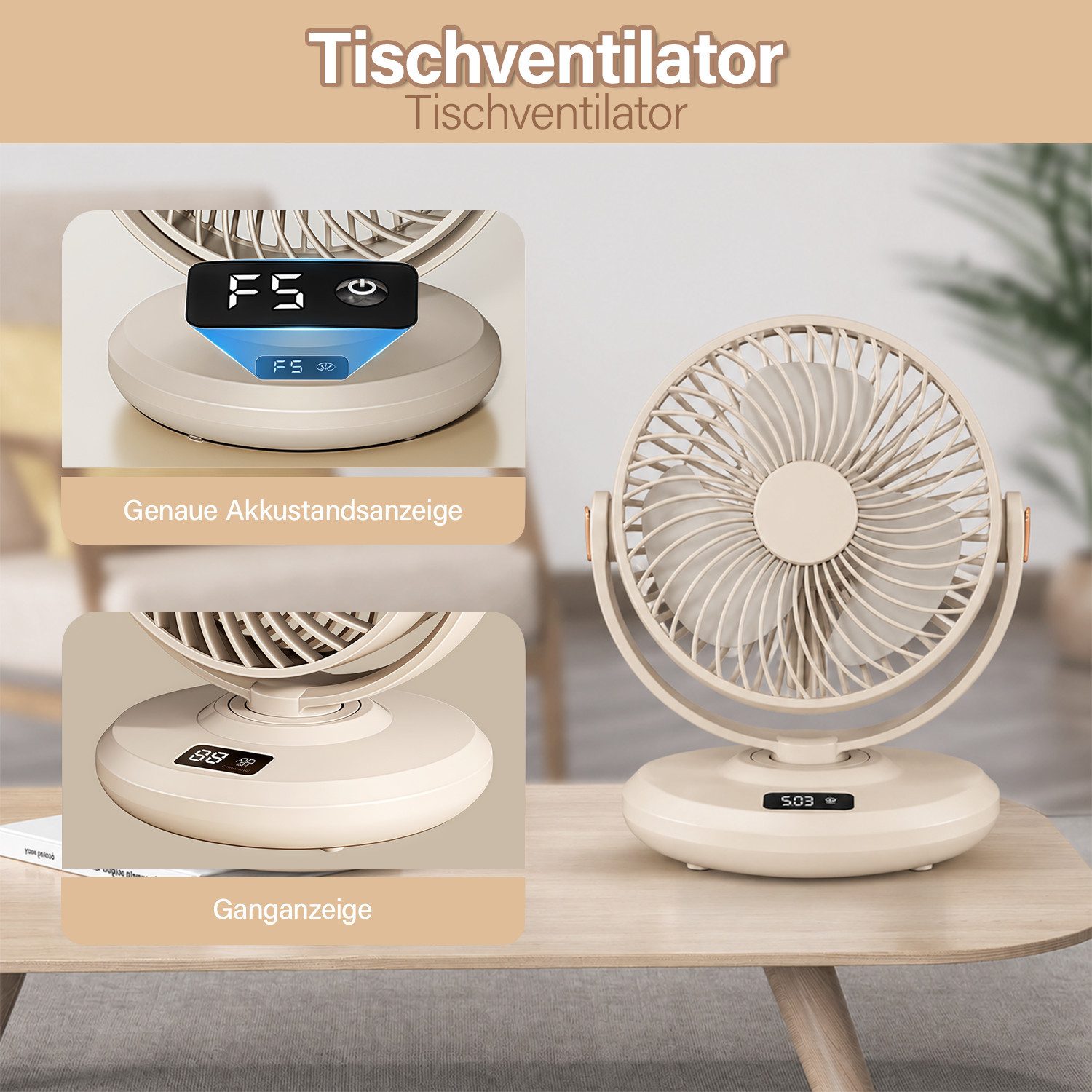 MOPUEA Tischventilator Akku Tischventilator Schwenkbar Mit LED Anzeige 5 Stufen 2 In 1 Design, 90 Grad Schwenkfunktion leiser Betrieb und Akku Nutzung