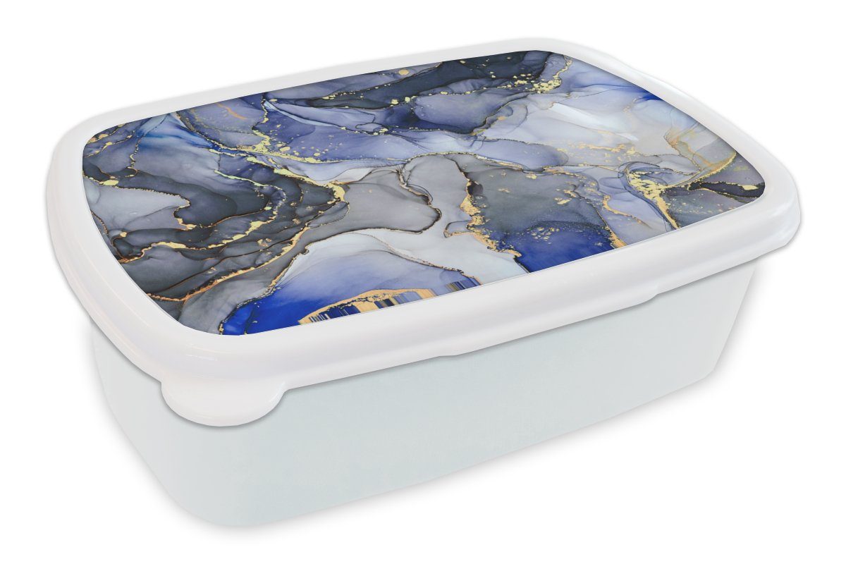MuchoWow Lunchbox Marmor - Gold - Abstrakt - Blau, Kunststoff, (2-tlg), Brotbox für Kinder und Erwachsene, Brotdose, für Jungs und Mädchen weiß
