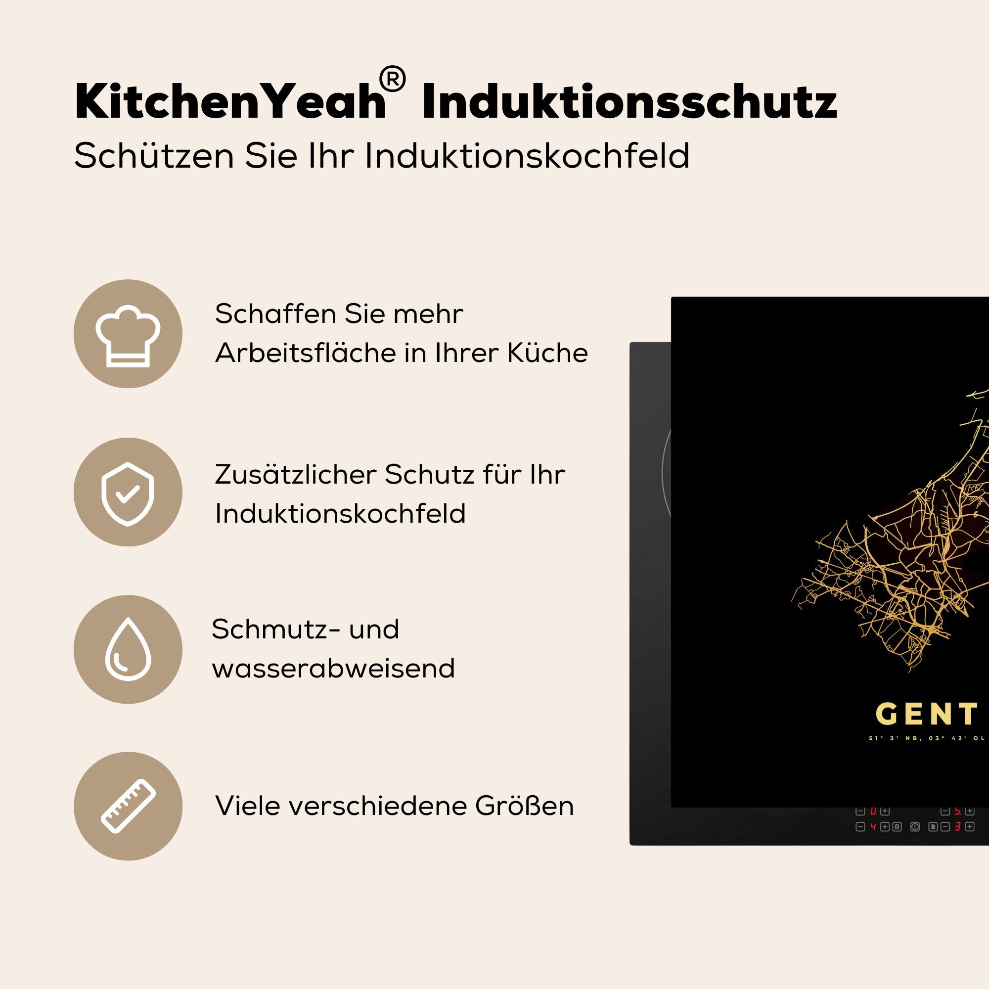 MuchoWow Belgien Karte, Vinyl, 78x78 cm, küche (1 Ceranfeldabdeckung, - Arbeitsplatte Gold Herdblende-/Abdeckplatte - tlg), - - Karte Gent Stadtplan für -