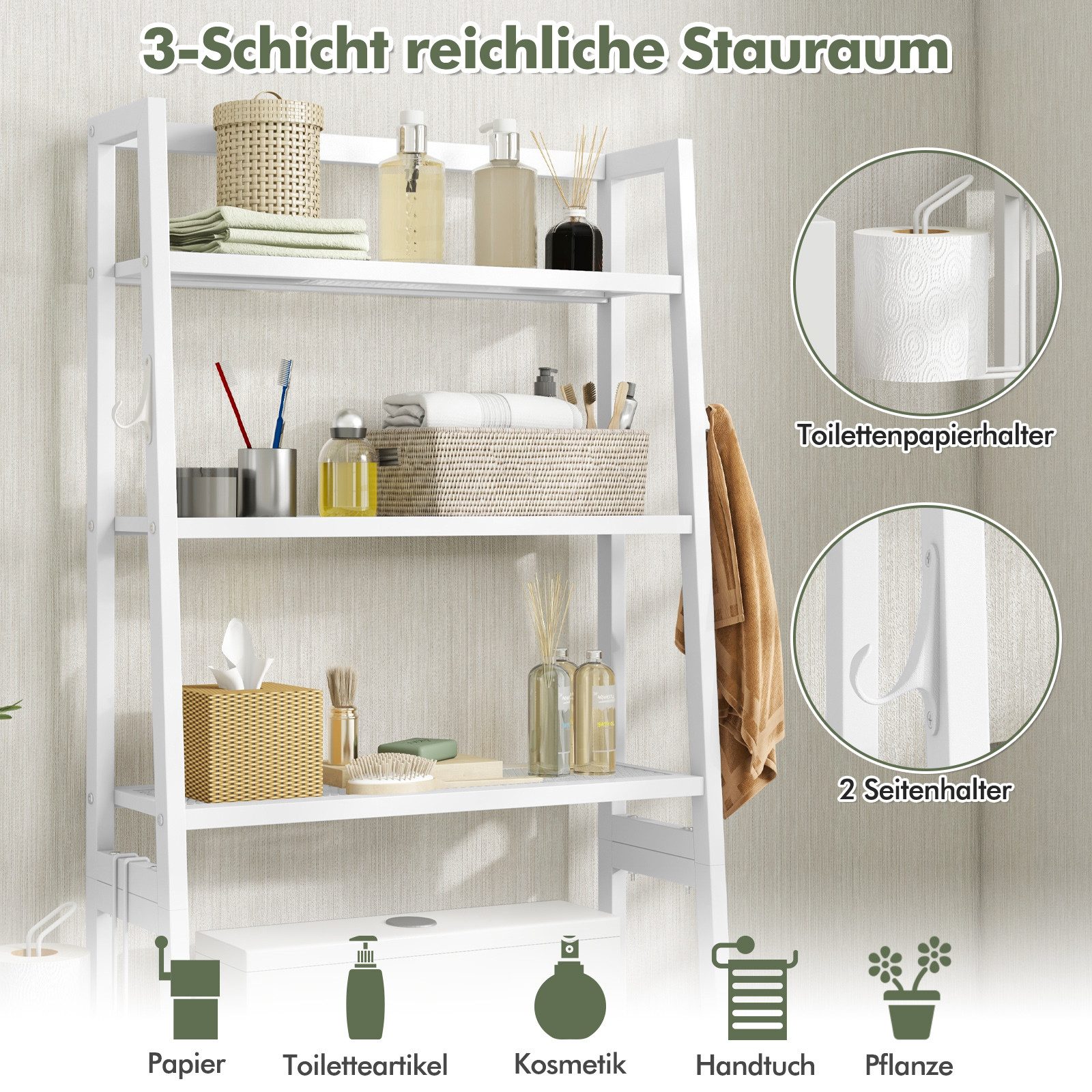 COSTWAY Badregal, stehend, 3 Ablage, Toilettenpapierhalter&2 günstig online kaufen