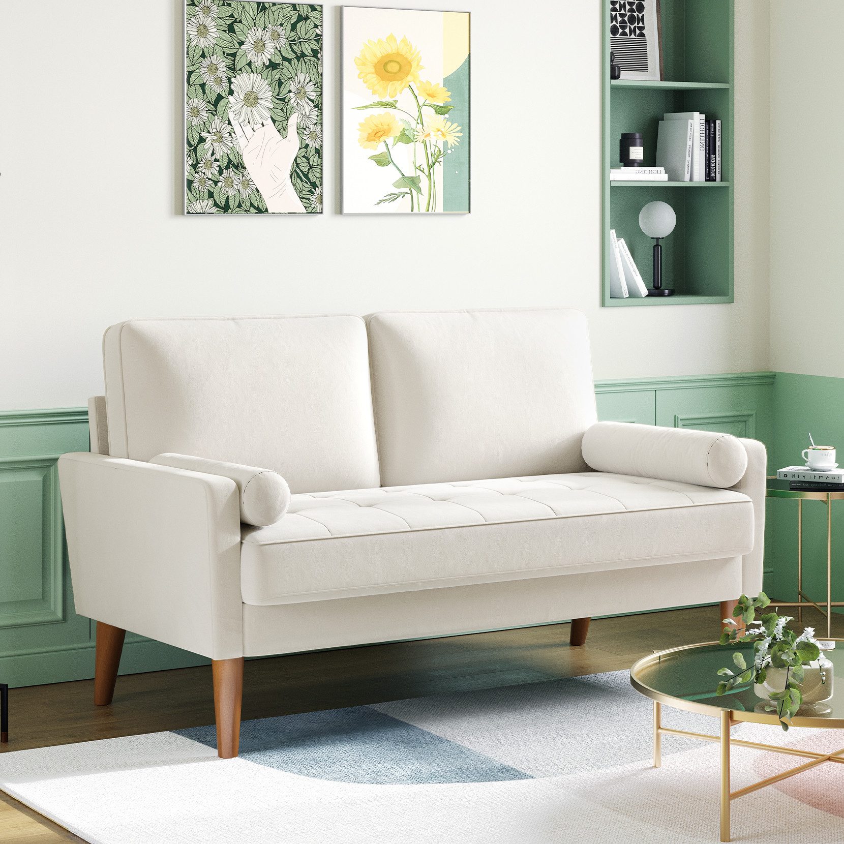 OUNUO Sofa 121cm Kleines Loveseat Sofa, Samtcouch mit 2 Wurfkissen