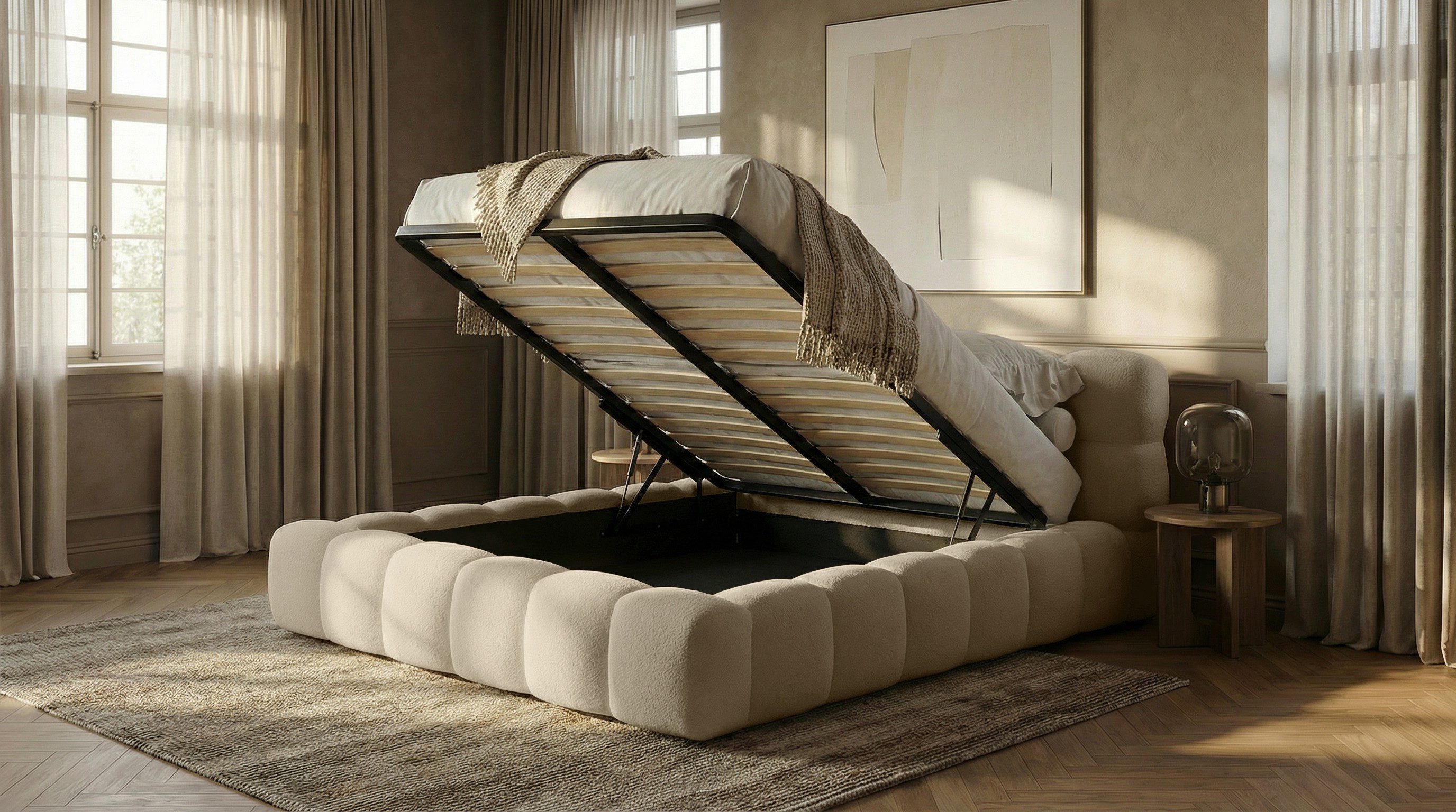thematys Polsterbett CLOUD mit Bettkasten 140x200 160x200 180x200 200x200cm (hochwertiger Cord-Stoff in vielen Farben Grafit Grau Weiß Beige Kreme, Inklusive Lattenrost: Holzrahmen,hochwertiger Stoff), hydraulische Klappfunktion für Stauraum