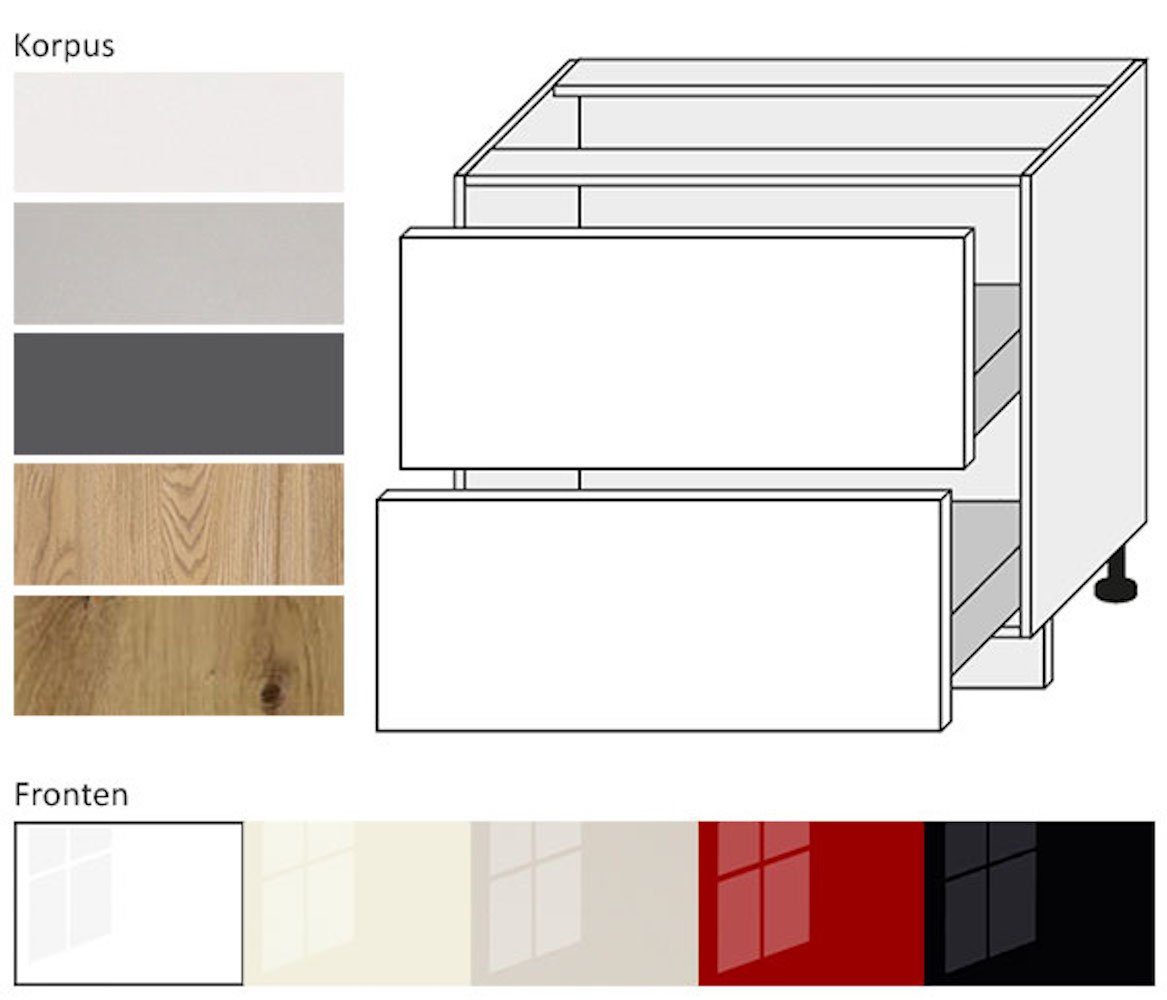 Feldmann-Wohnen Unterschrank Platinium 90cm Front- & Korpusfarbe wählbar 2 Schubladen (Vollauszug) schwarz Hochglanz