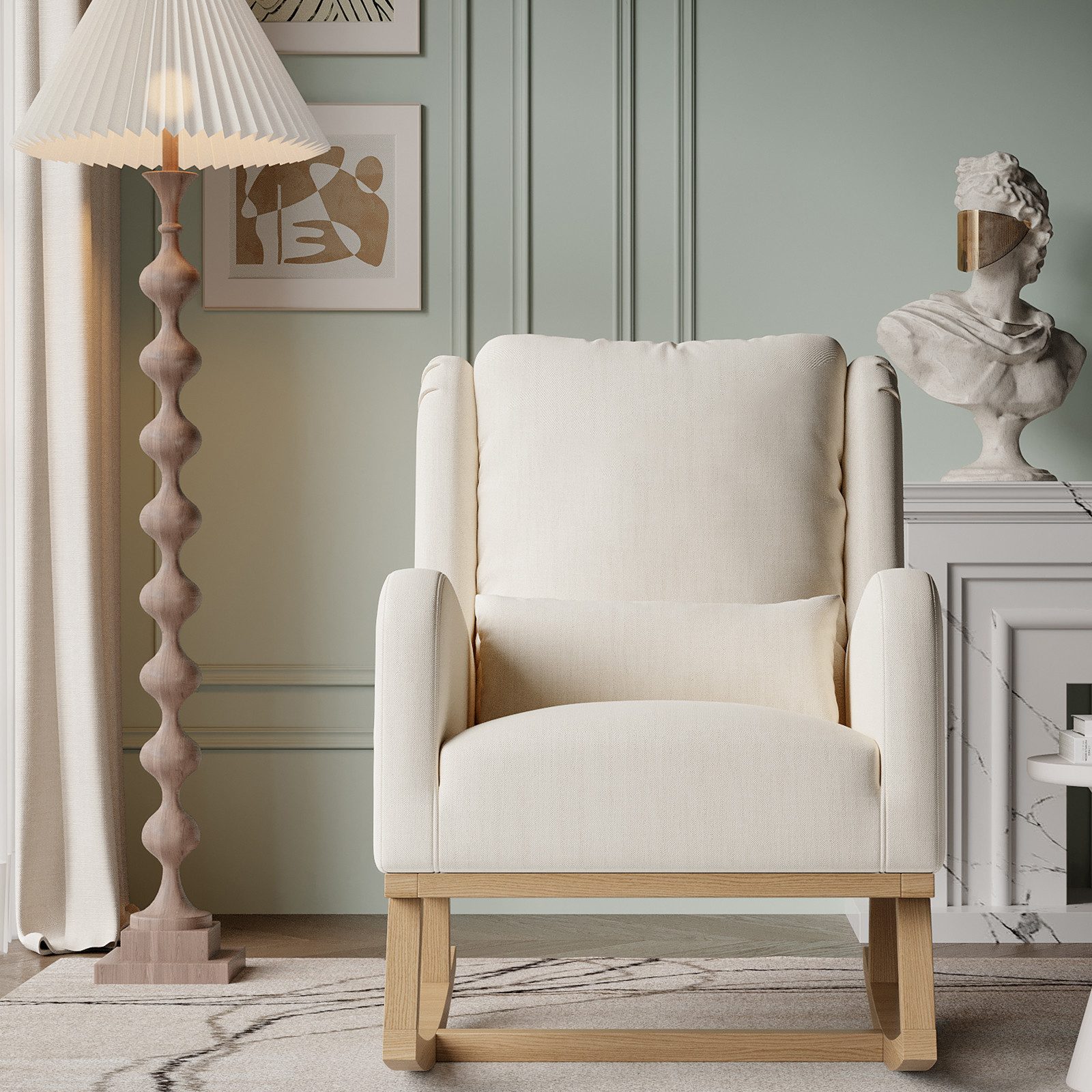 FUROKOY Schaukelstuhl Polster Relaxstuhl Leinen Schaukelsessel mit Holzsockel,2 Seitentaschen,1 Lendenkissen,Beige