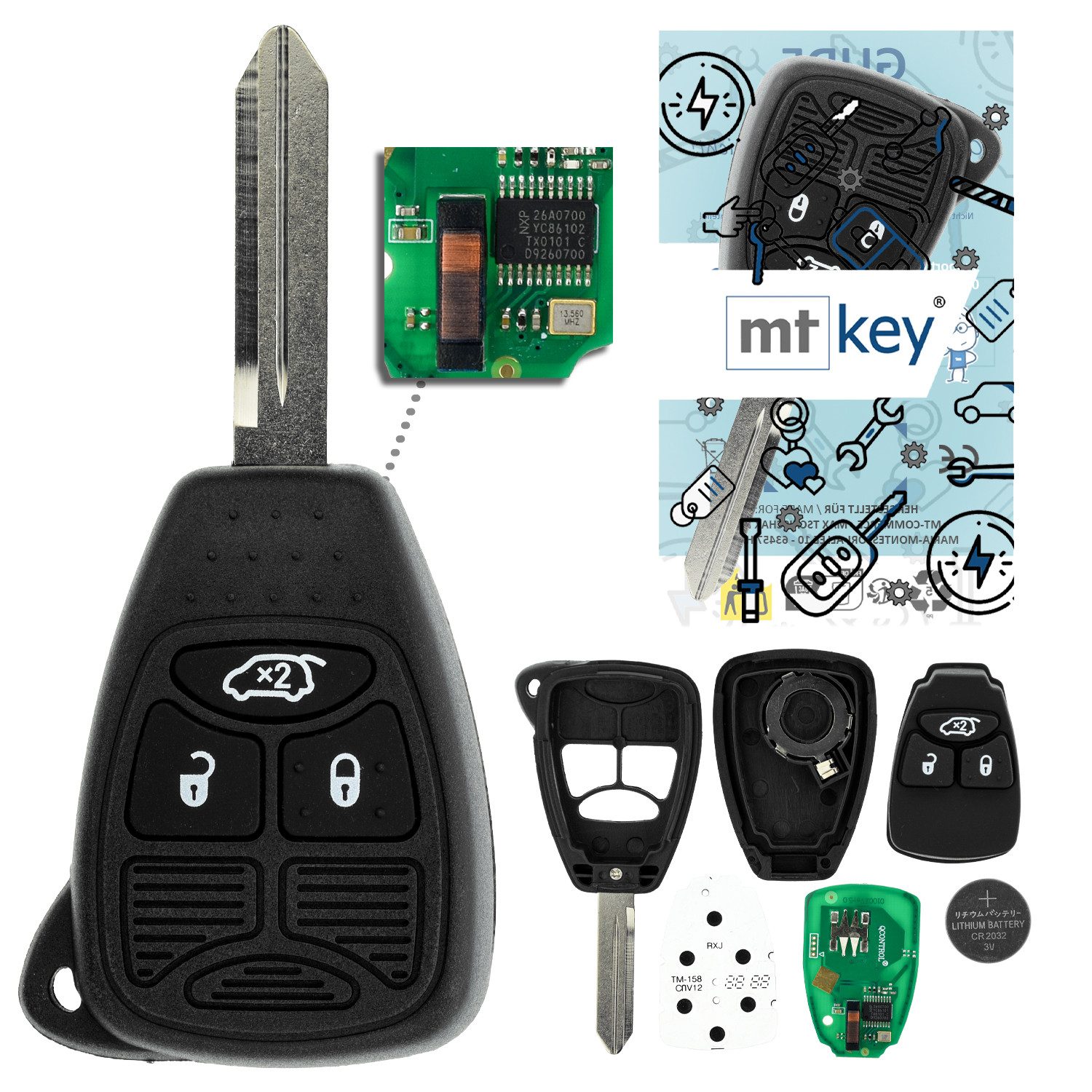mt-key Schlüsseltasche 3 Tasten Auto Funk Schlüssel 434MHZ (Set), für Chrysler Pacifica (04–07); Town & Country (04–07); Dodge Carav...