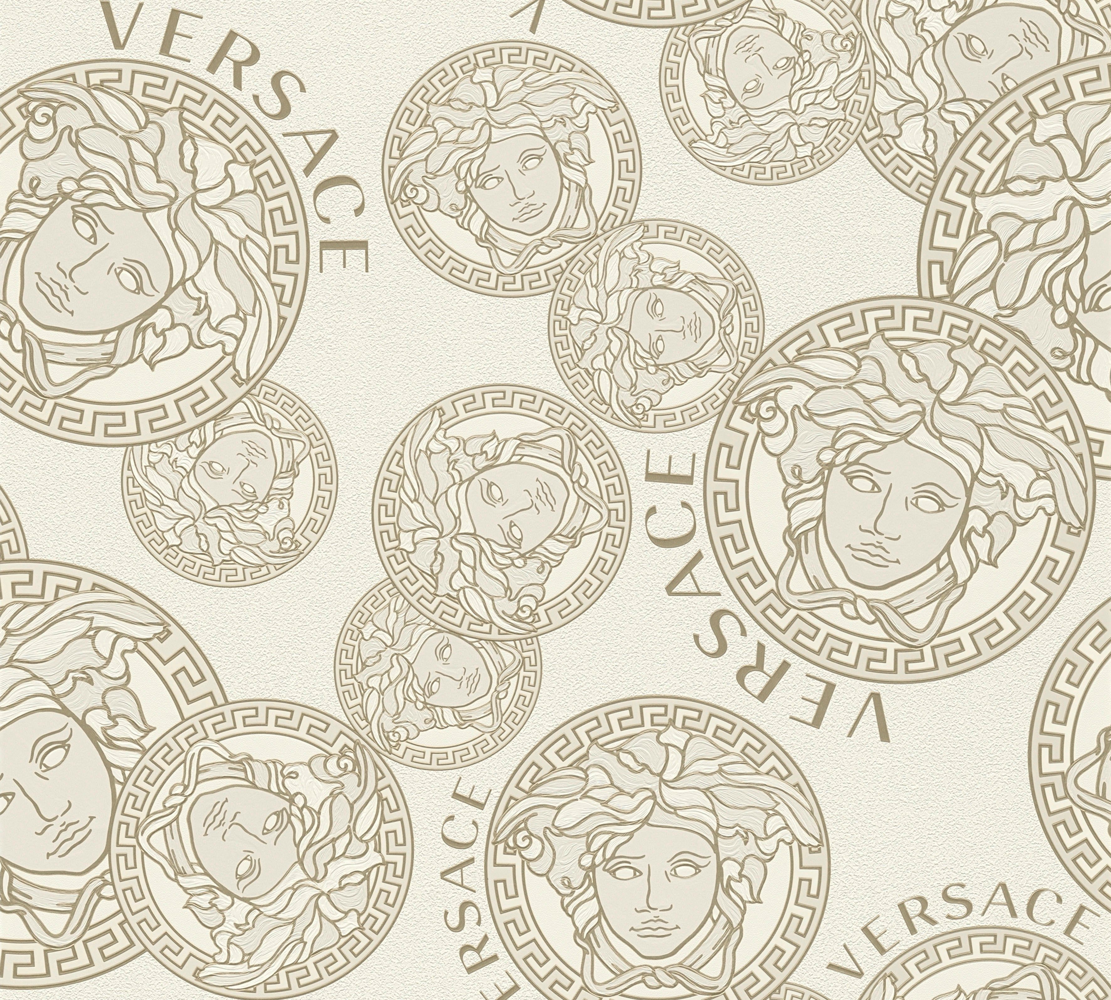 Versace Vliestapete Wallpaper Versace 5 Medusakopf, leicht strukturiert, leicht glänzend, (1 St), Designertapete weiß/perlweiß