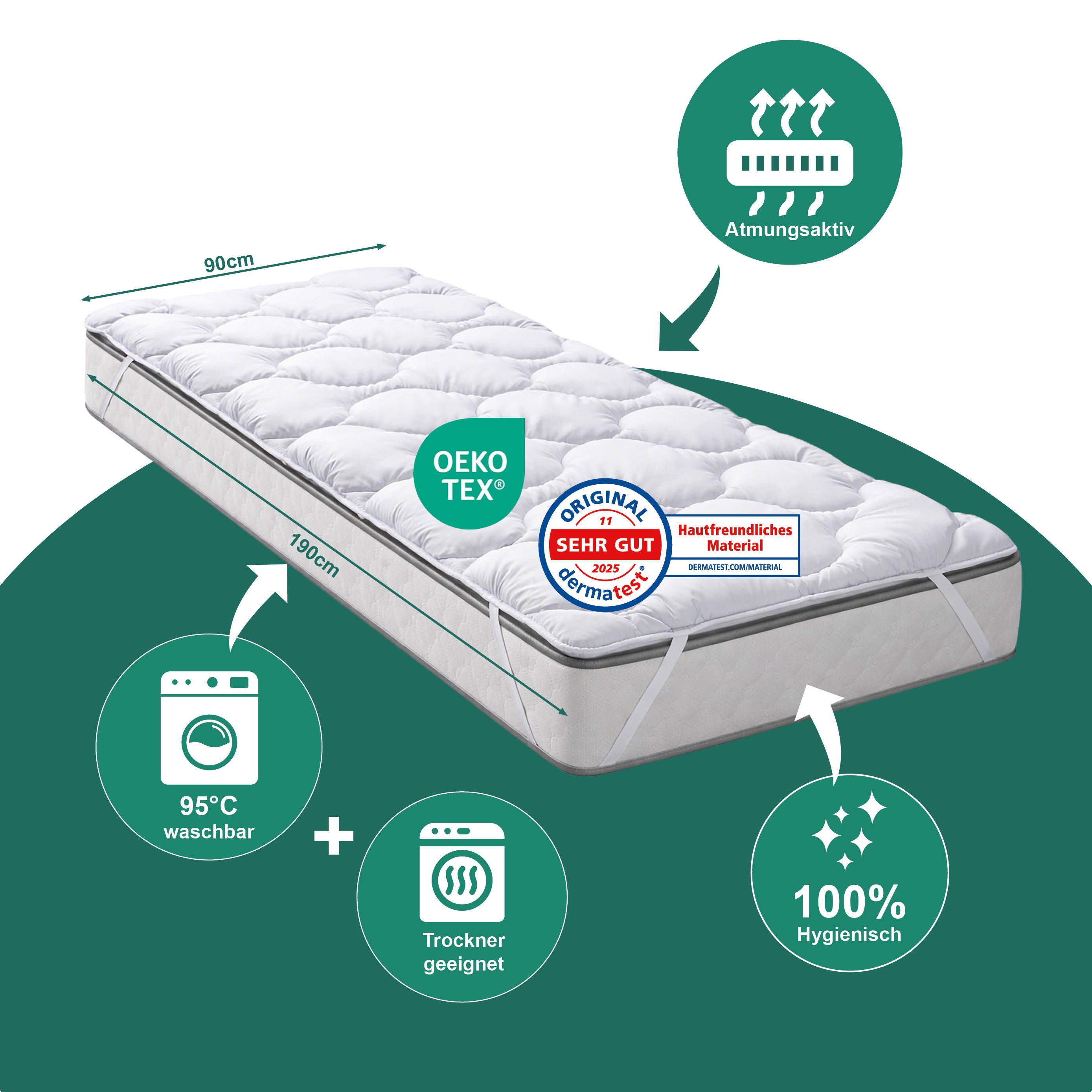 Matratzenschoner Mattress Topper Mikrofaser - Waschbare Komfort Matratzenauflage KNERST, OEKO-TEX Matratzenschoner 90x190 cm mit Eckgummis - Pflegeleicht 95°C