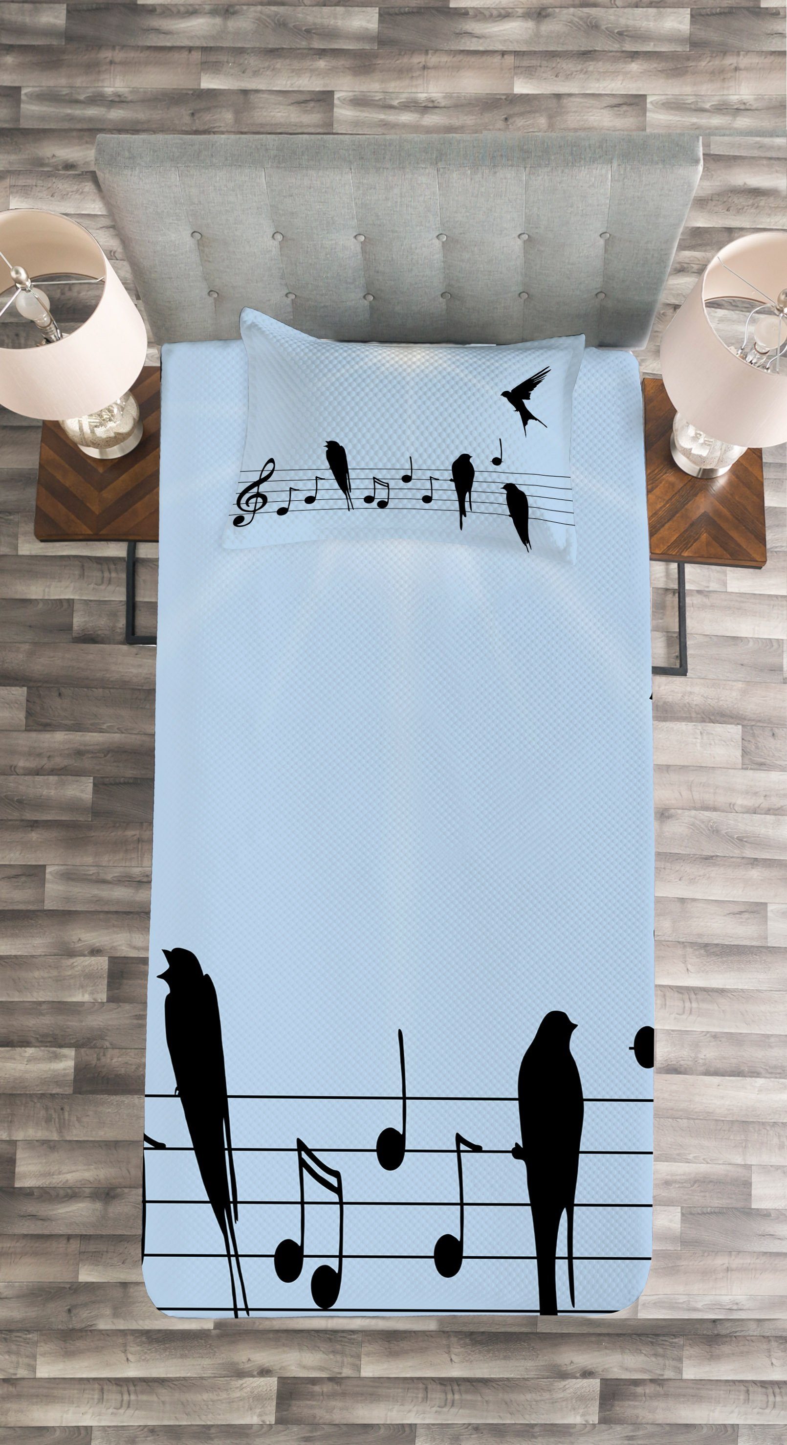 Kissenbezügen Abakuhaus, Tagesdecke Drahtseil Vogel Musiknoten mit Avian auf Set dem Waschbar, auf