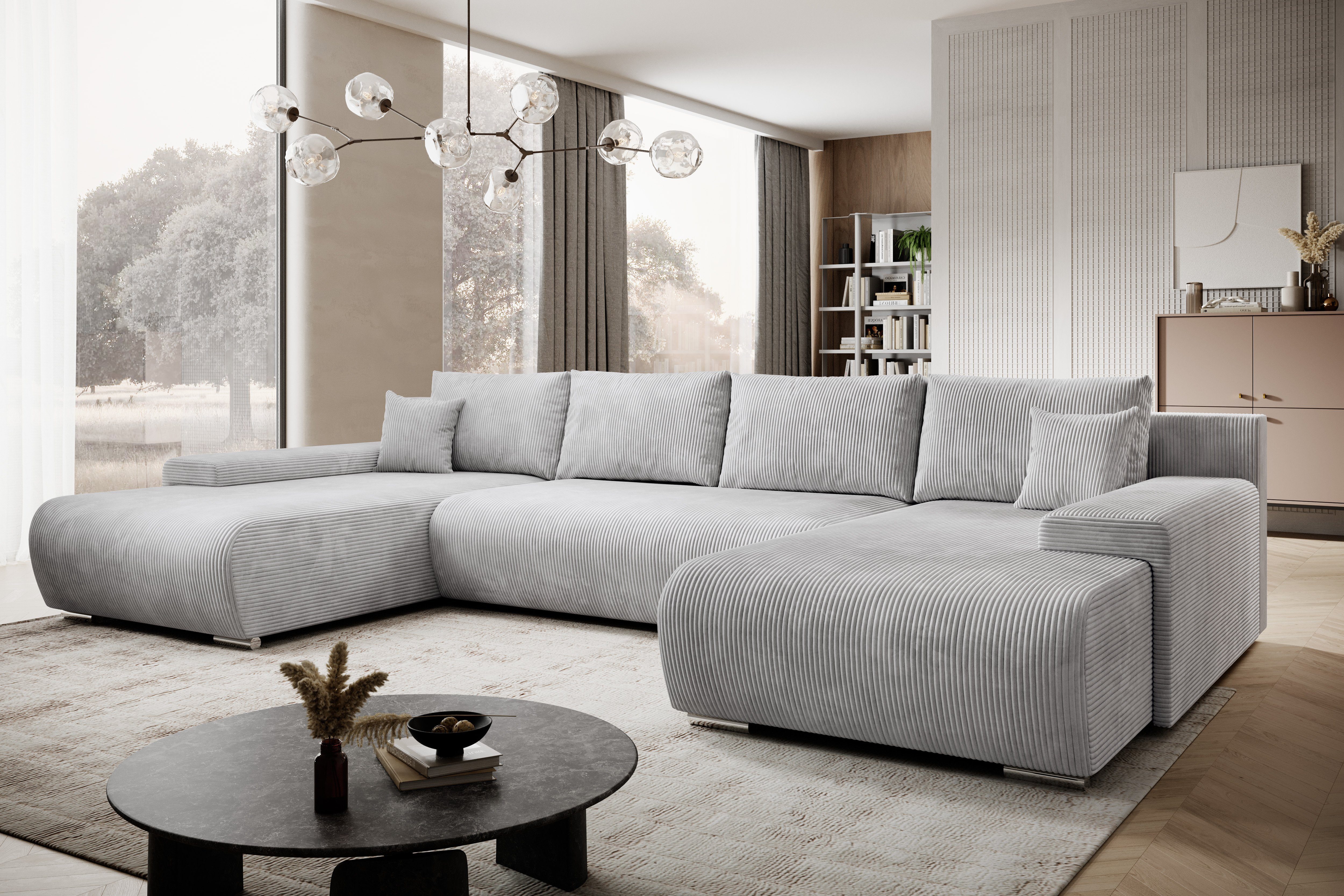 und U-Form, grau Schlaffunktion Ecksofa mit Credo Möbel Bettkasten, U-Form PROMETO Couch Ecksofa