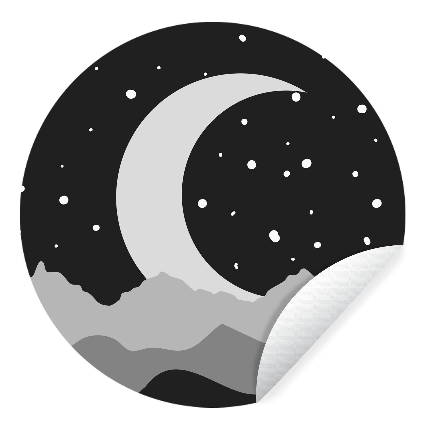MuchoWow Wandsticker Nacht - Mond - Schwarz - Weiß (1 St), Tapetenkreis für Kinderzimmer, Tapetenaufkleber, Rund, Wohnzimmer
