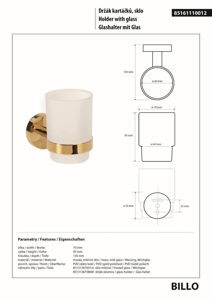 BRILLANTBAD® Zahnbürstenhalter BILLO Glashalter Gold poliert Milchglas Bad & Küche >> Bohren / Kleben