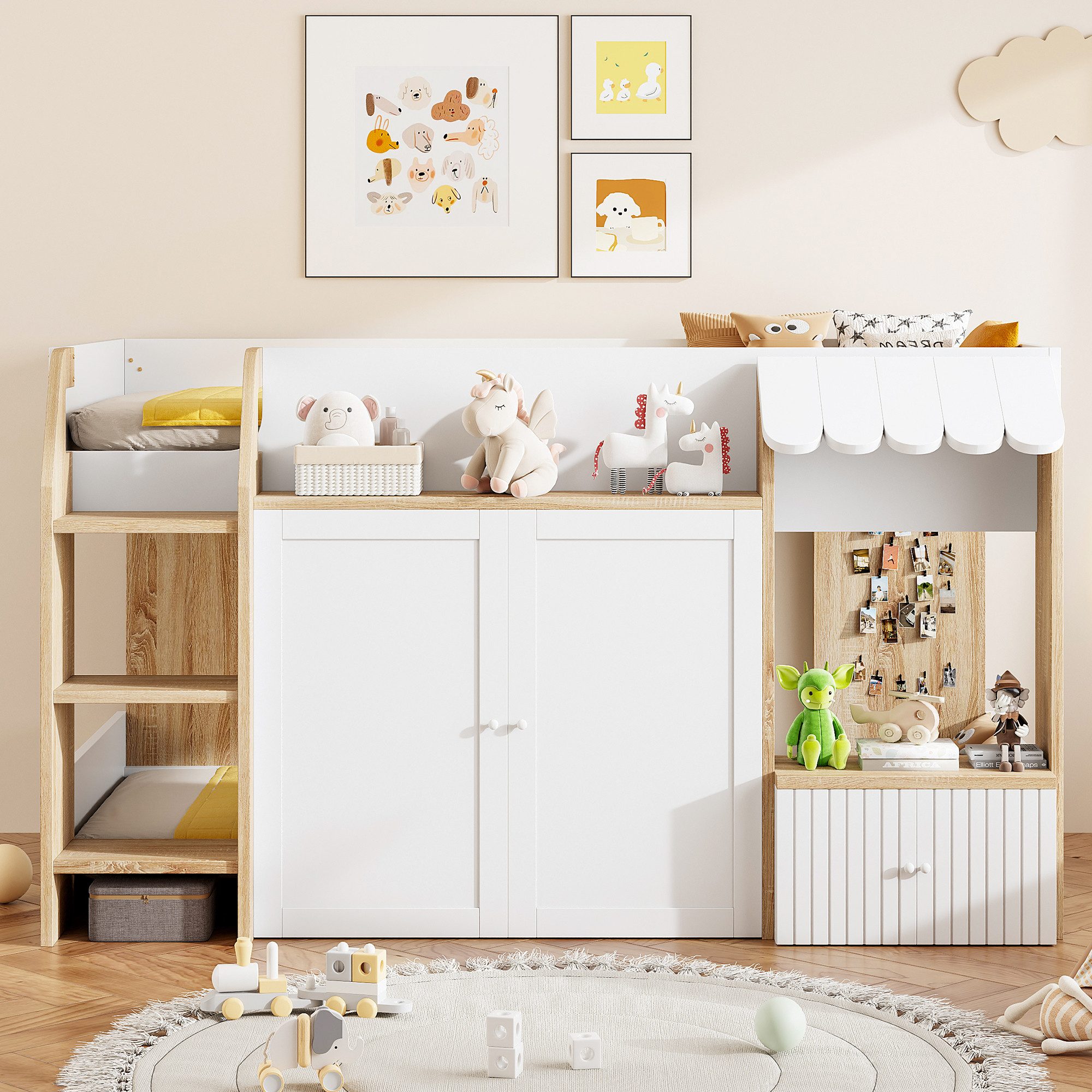 OKWISH Etagenbett Kinderbett Holzbett (mit Kletterleiter & offenem Stauraum, 90x200cm), ohne Matratze