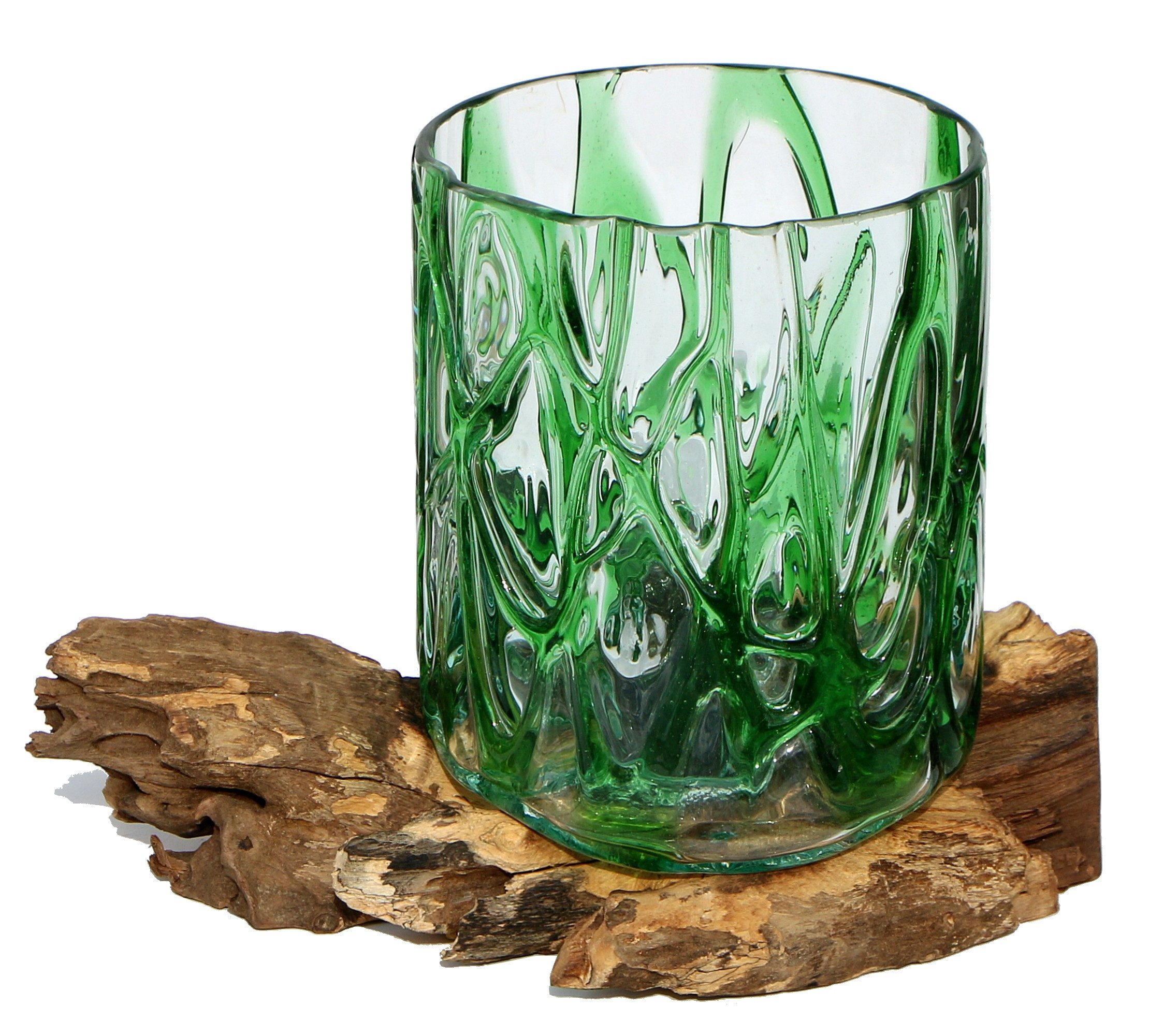 Wogeka Dekovase Glas-Vase "Gloria" auf Wurzel-Holz Ø Glas 15-16 cm Teakholz Gamal