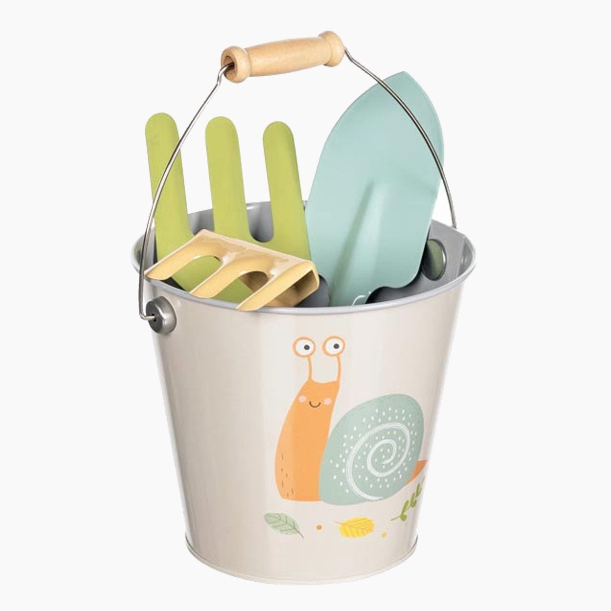 goki Spielzeug-Gartenset Eimer mit Gartenwerkzeug, Motiv Schnecke, (packung, 4-tlg., packung), rund gestaltete Holzgriffe ohne scharfe Kanten
