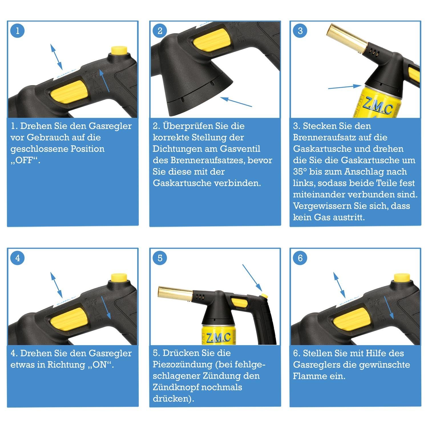 ZMC Flambierbrenner ° 1300 Brenneraufsatz Gasanzünder Lötbrenner Gaskartuschen mit 227g Kohleanzünder von Gaskartusche), Flambiergerät Flamme, Lötlampe Flambierbrenner bis C, (Temperatur 4 Bunsenbrenner zu Grillanzünder Gasbrenner MSF-1a, Butangas Butangasbrenner Piezo-Zündung, Einstellbare