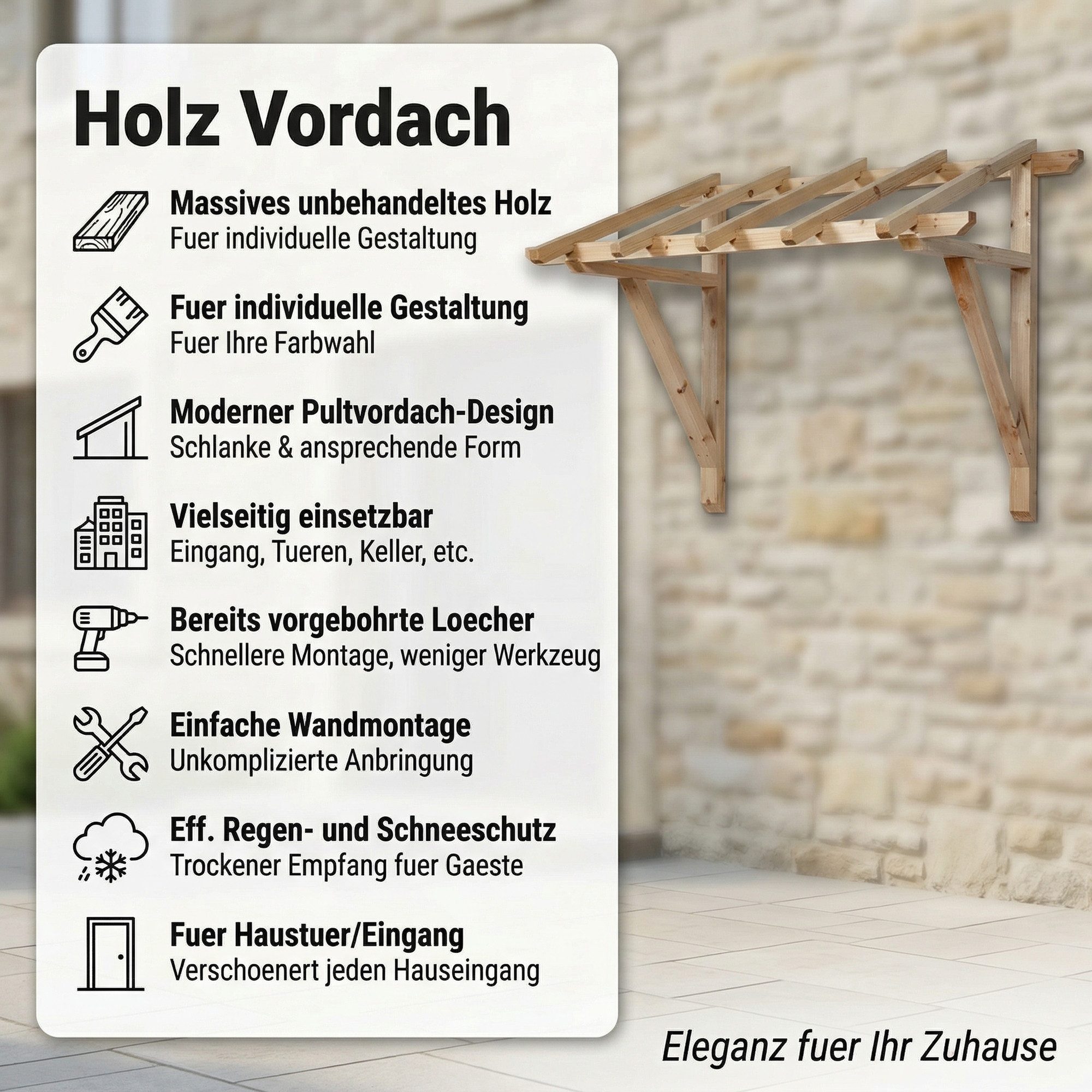 Mucola Vordach Haustürvordach Holz Vordach Pultvordach Haustür Überdachung Türdach (Stück, 1 St., Vordach Holz (unbehandelt), Unbehandelt – Bild 2 von 5