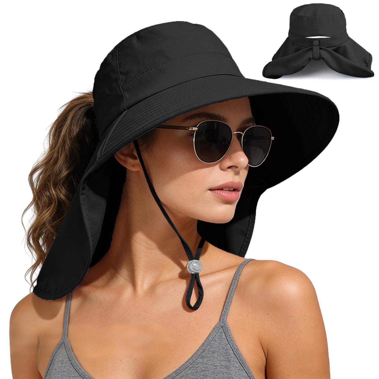 FOUORTUNATE-BEE Sonnenhut Sonnenhut für Damen mit Nackenschutz und Pferdeschwanzöffnung (rollbarer Damen-Sonnenhut, Anglerhut mit breiter Krempe)