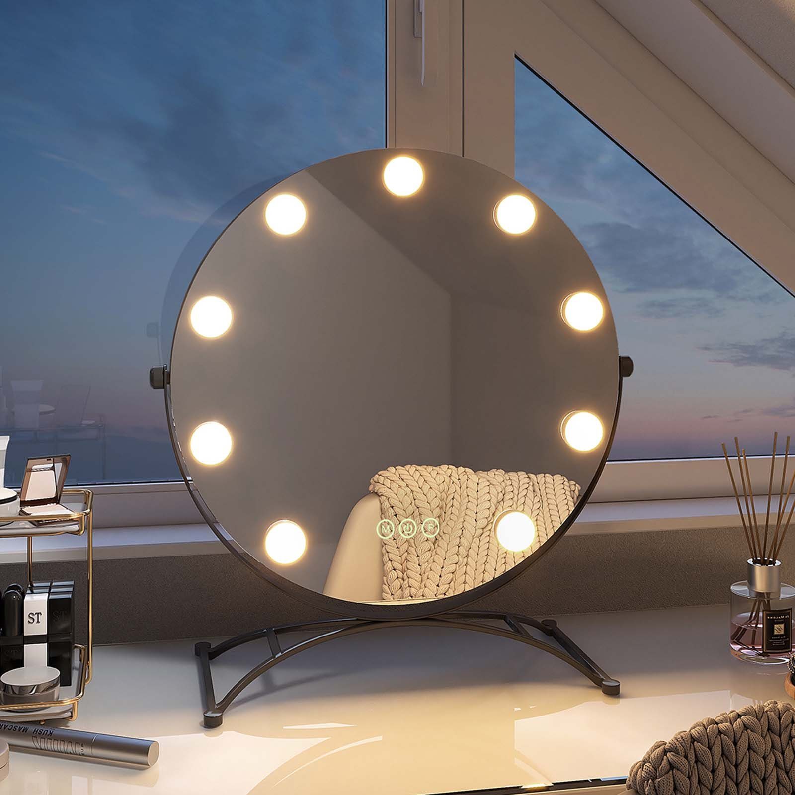 EMKE Kosmetikspiegel Runder Schminkspiegel Hollywood Spiegel mit Beleuchtung  Tischspiegel, 3 Lichtfarben,Dimmbar,7 x Vergrößerungsspiegel,360° Drehbar
