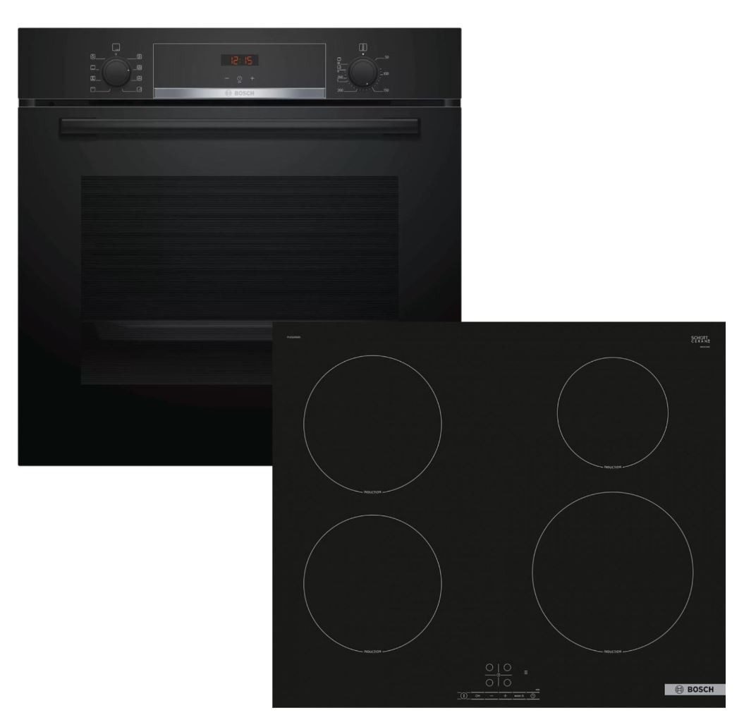 BOSCH Backofen-Set HBA553BA0 EcoClean + Induktionskochfeld PUE63RBB5E Booster autark 60cm